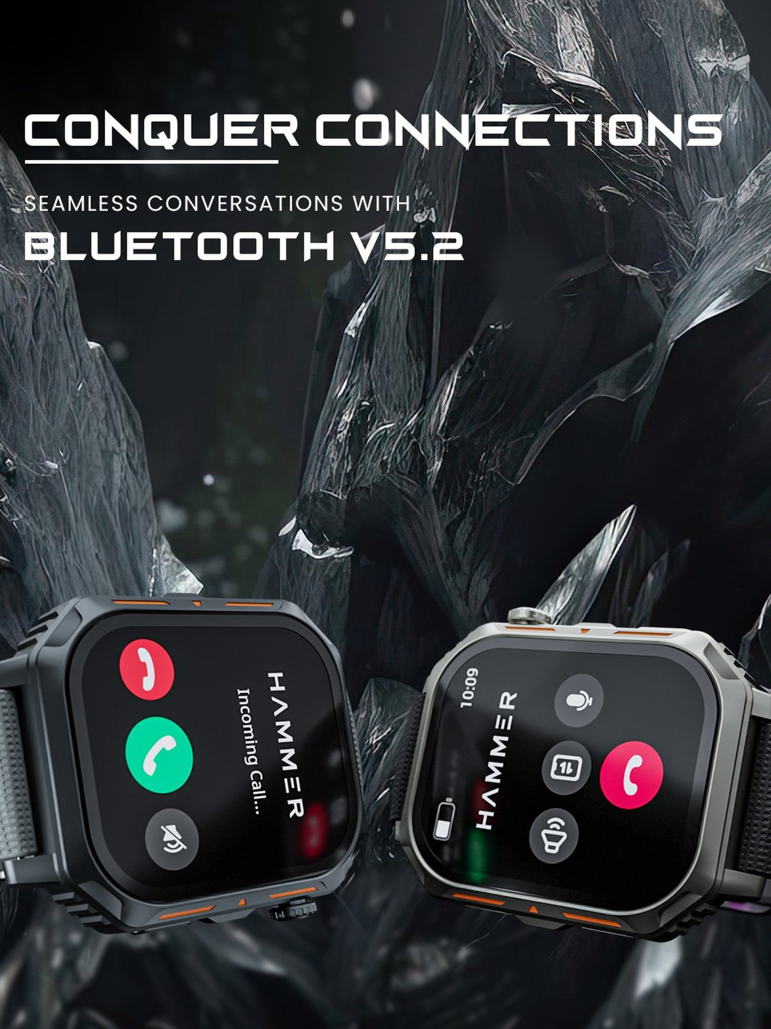 Hammer Conquer 2.02 inch AMOLED Smartwatch, Rugged Bluetooth Calling (Black & Grey)