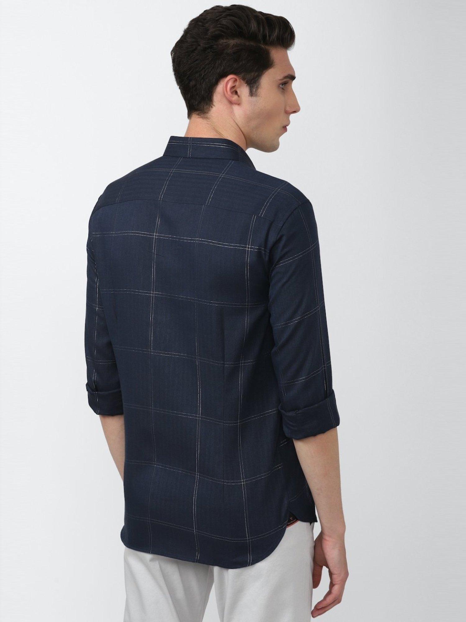 V Dot Navy Cotton Slim Fit Checks Shirt
