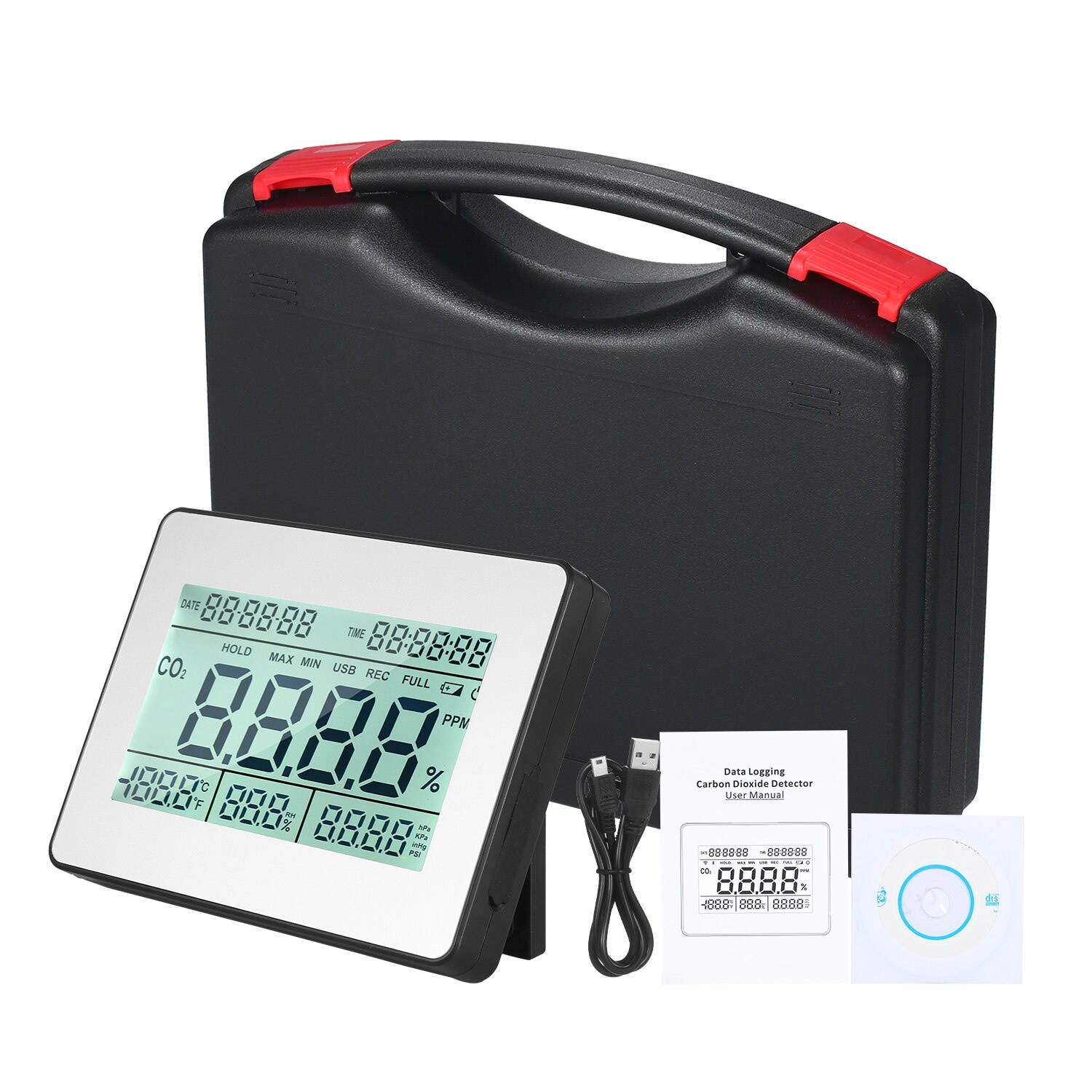 Carbon Dioxide Detector Air Quality Monitor with Data Logging Clock Function 5.5-inch Large  Wall Mountable CO2 Detector