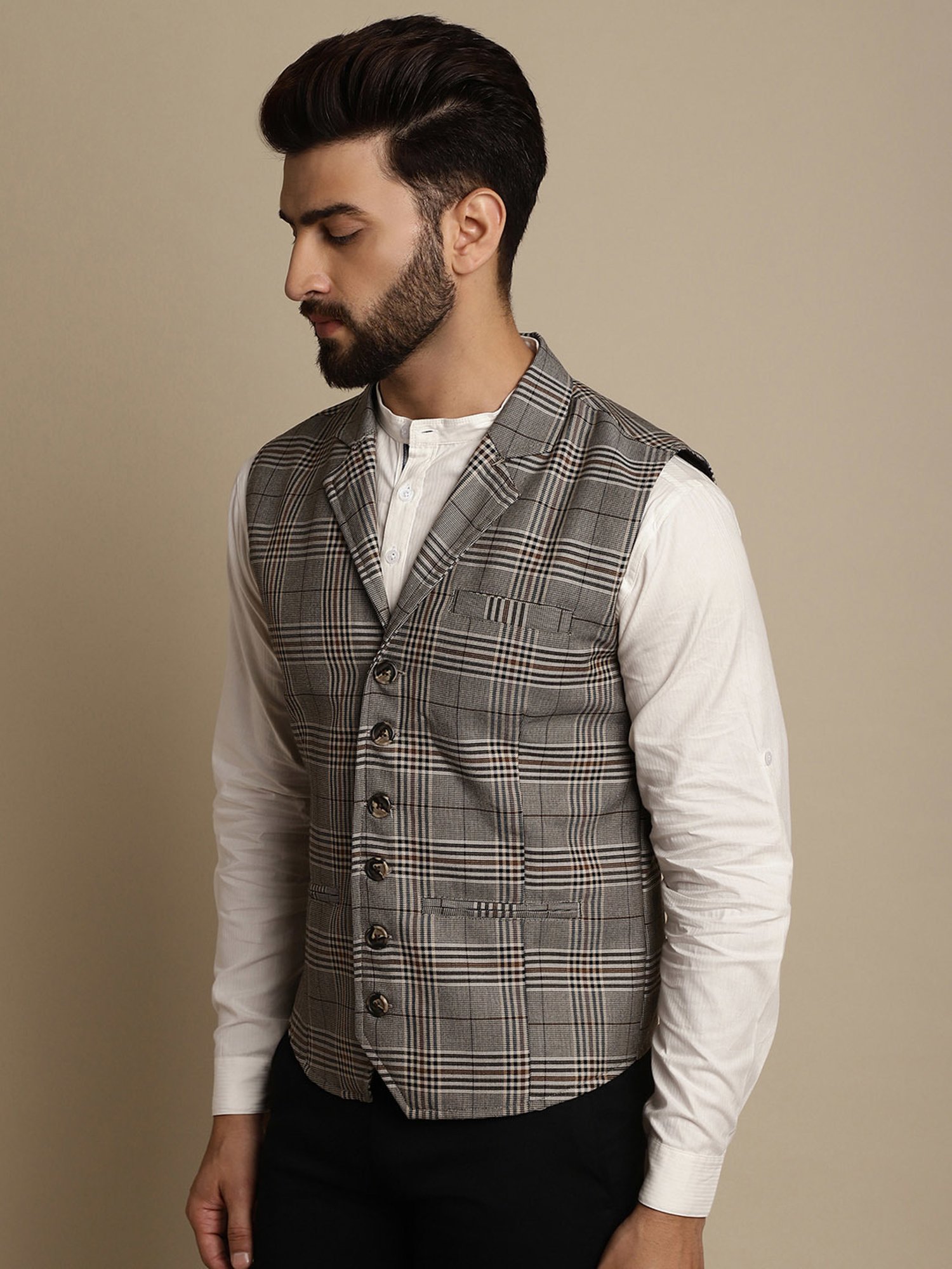 Even Light Brown Regular Fit Notch Lapel Check Waistcoat