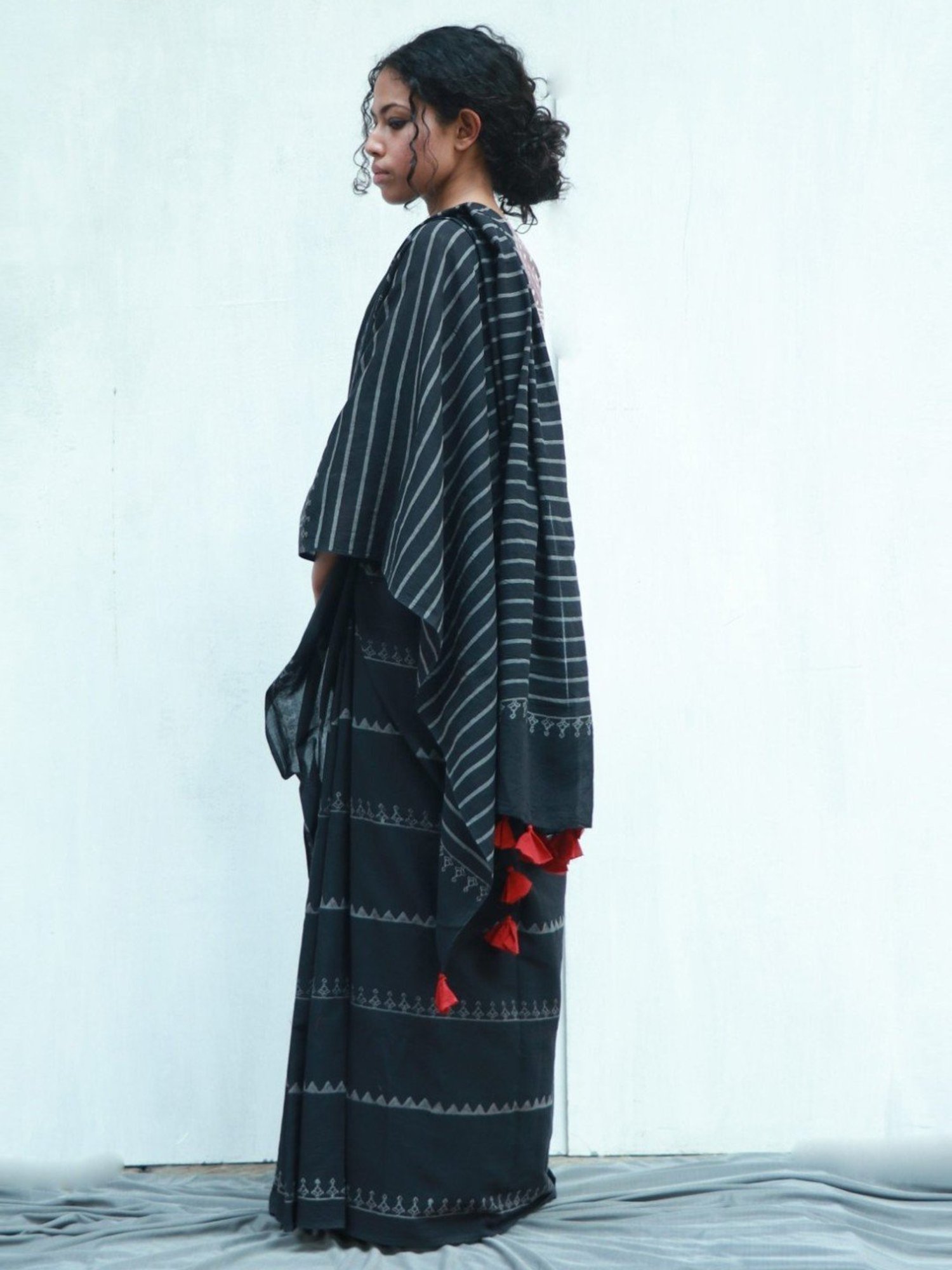 Chidiyaa Black Fly Me to the Moon Matilda Hand Blockprinted Cotton Saree