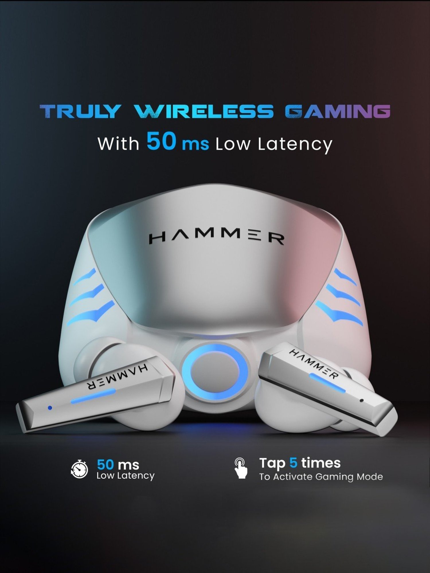 Hammer Arcade in-Ear Earbuds with RGB Lights,50ms Low Latency, 20H Playtime(White, True Wireless)