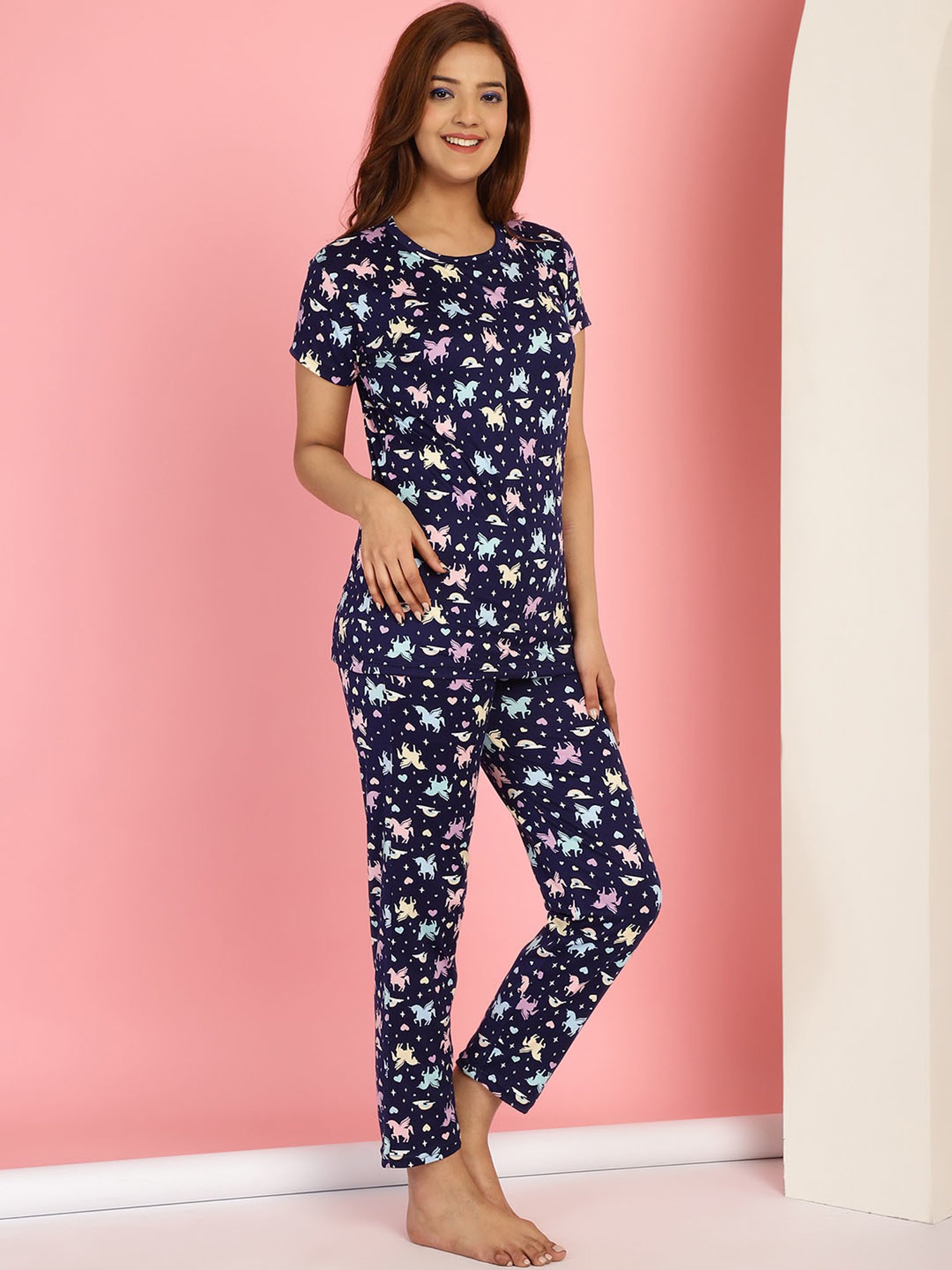 Gracit Dark Blue Cotton Printed Top With Pyjamas
