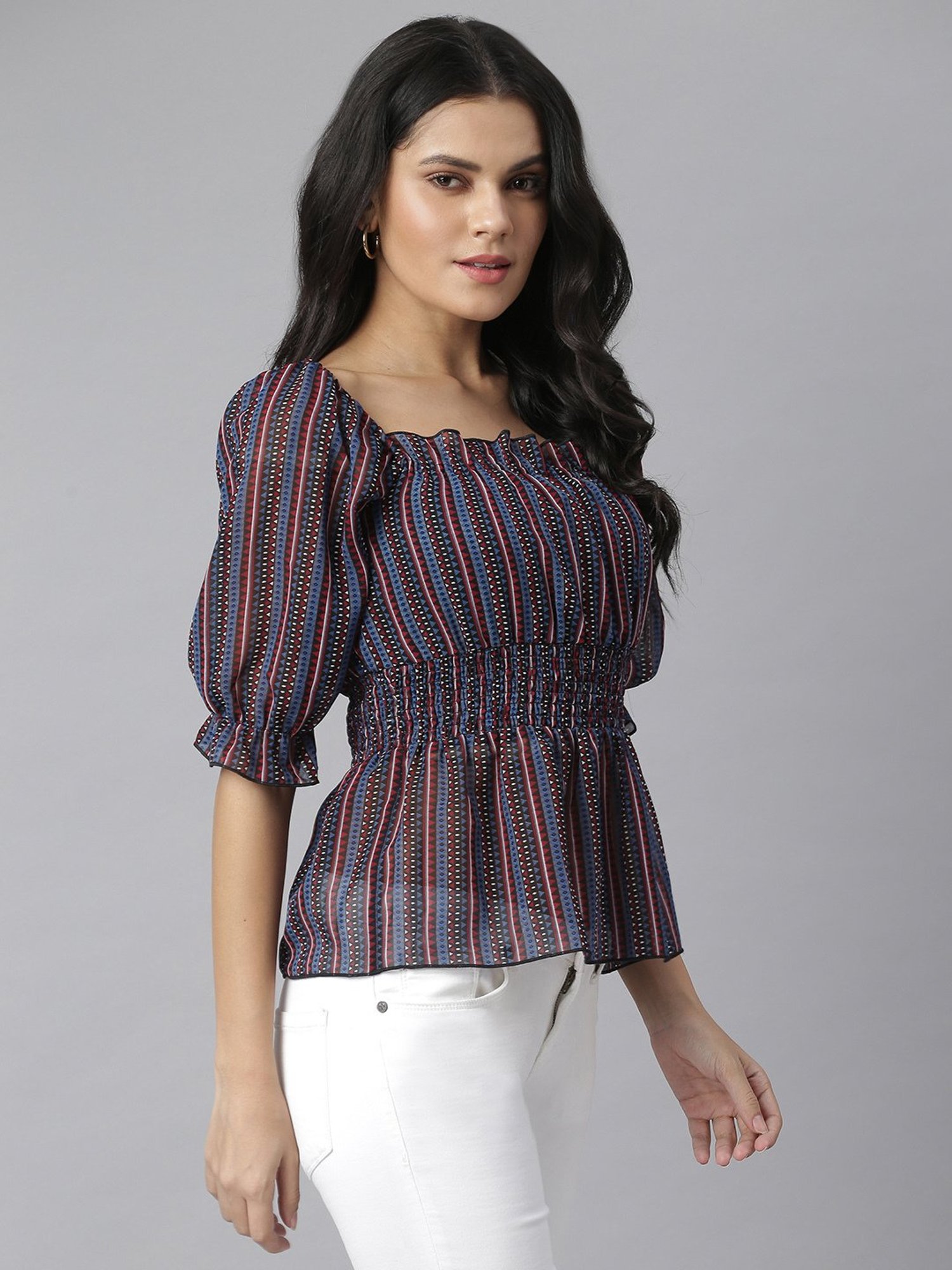 KASSUALLY Black & Blue Striped Peplum Top