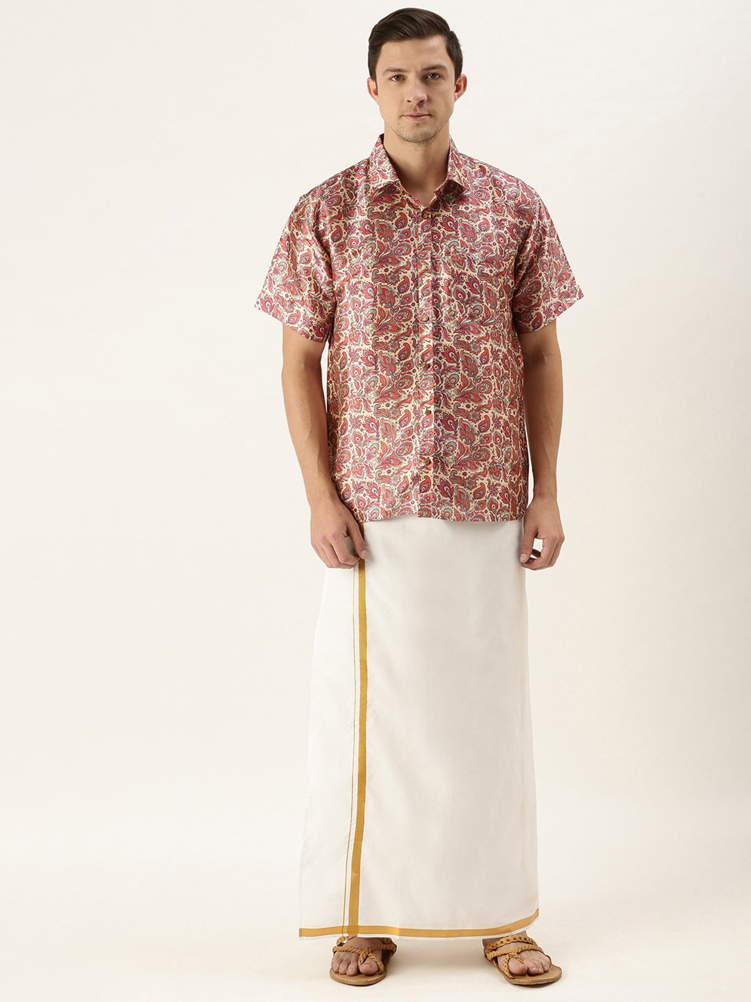 VASTRAMAY Multicolor Regular Fit Printed Shirt & Mundu Set