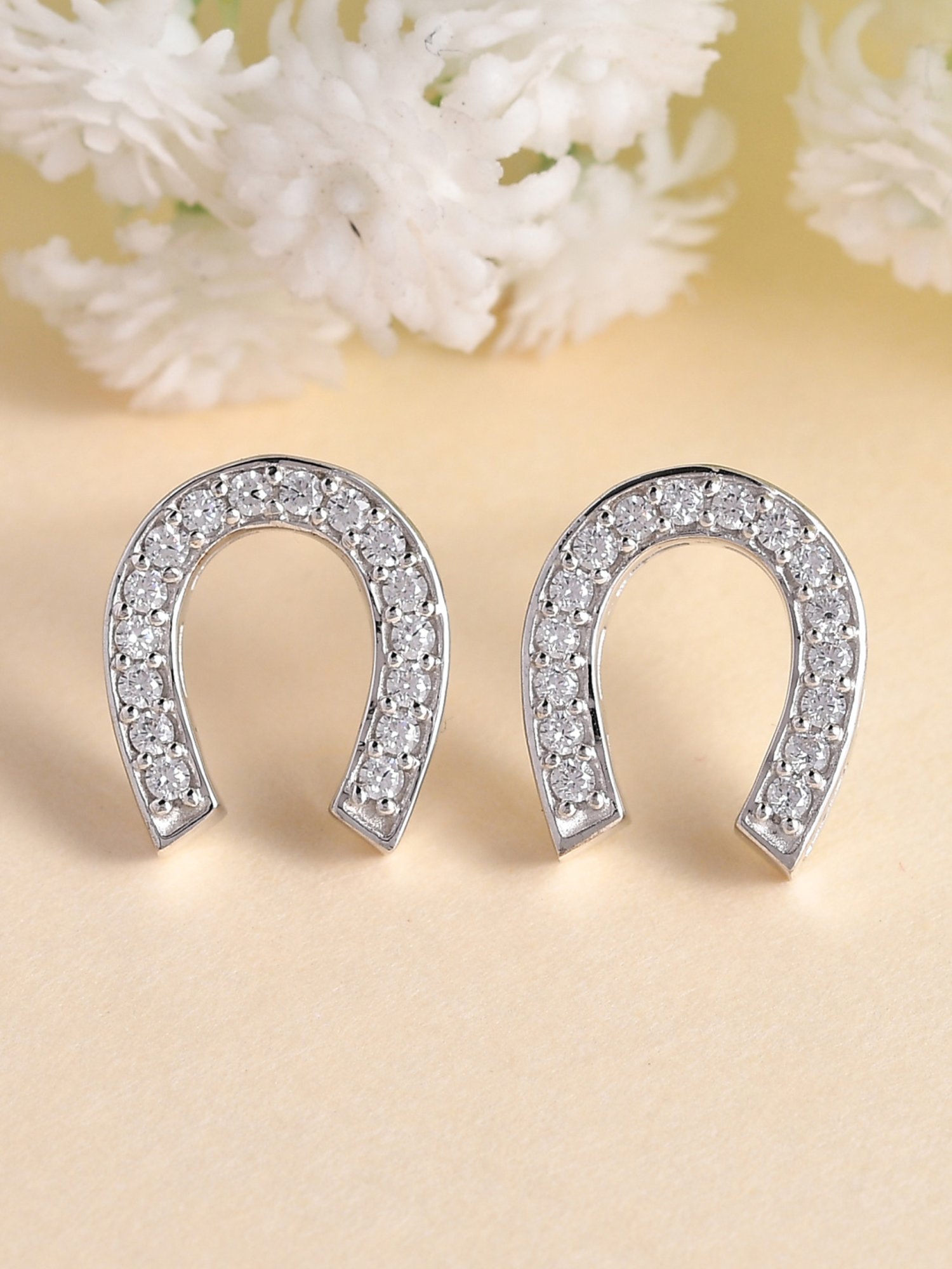 Ornate Jewels 925 Sterling Silver American Diamonds Lucky Horseshoe Stud Earrings for Women