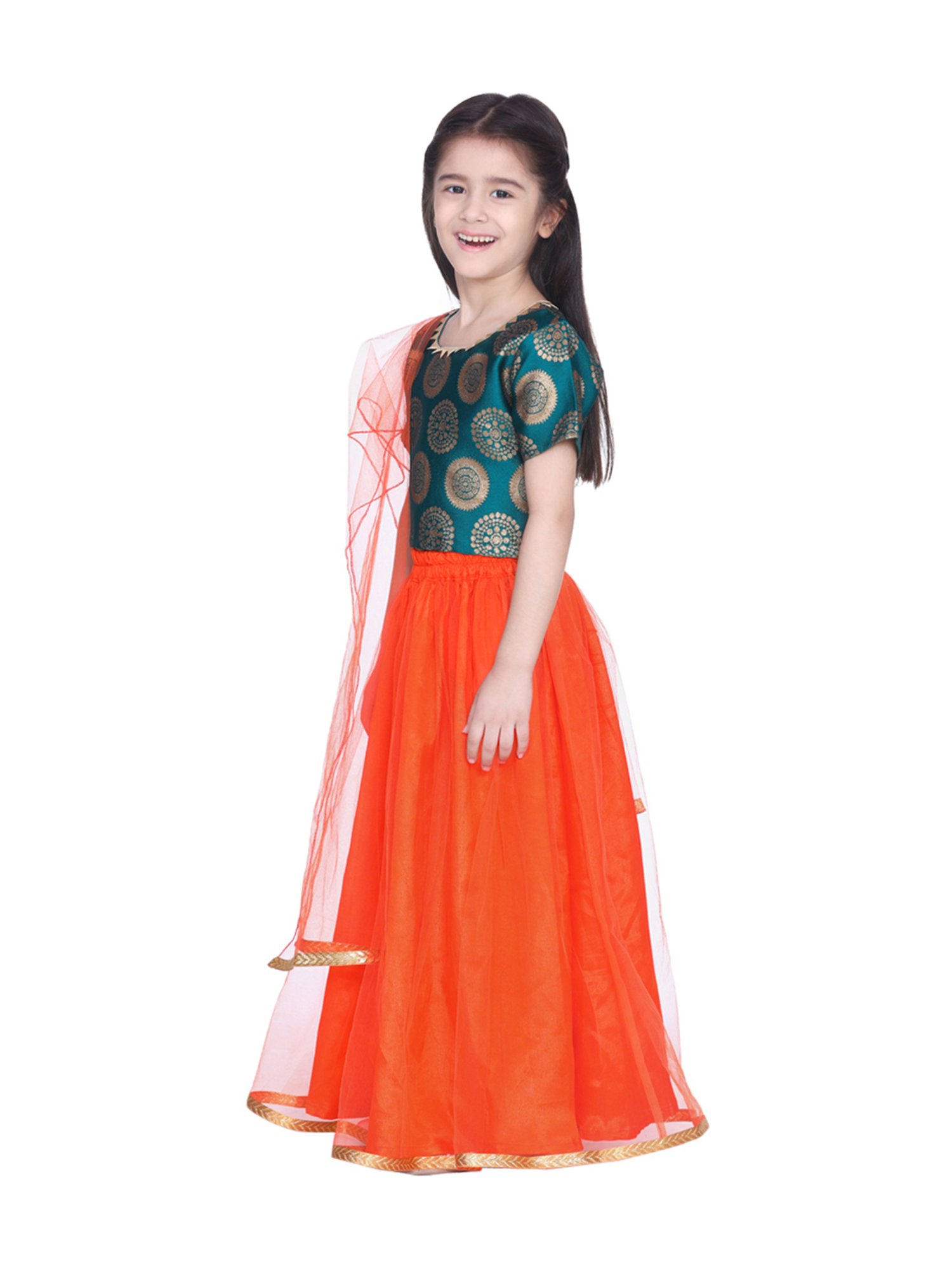 BownBee Kids Green & Orange Zari Work Lehenga Choli With Dupatta
