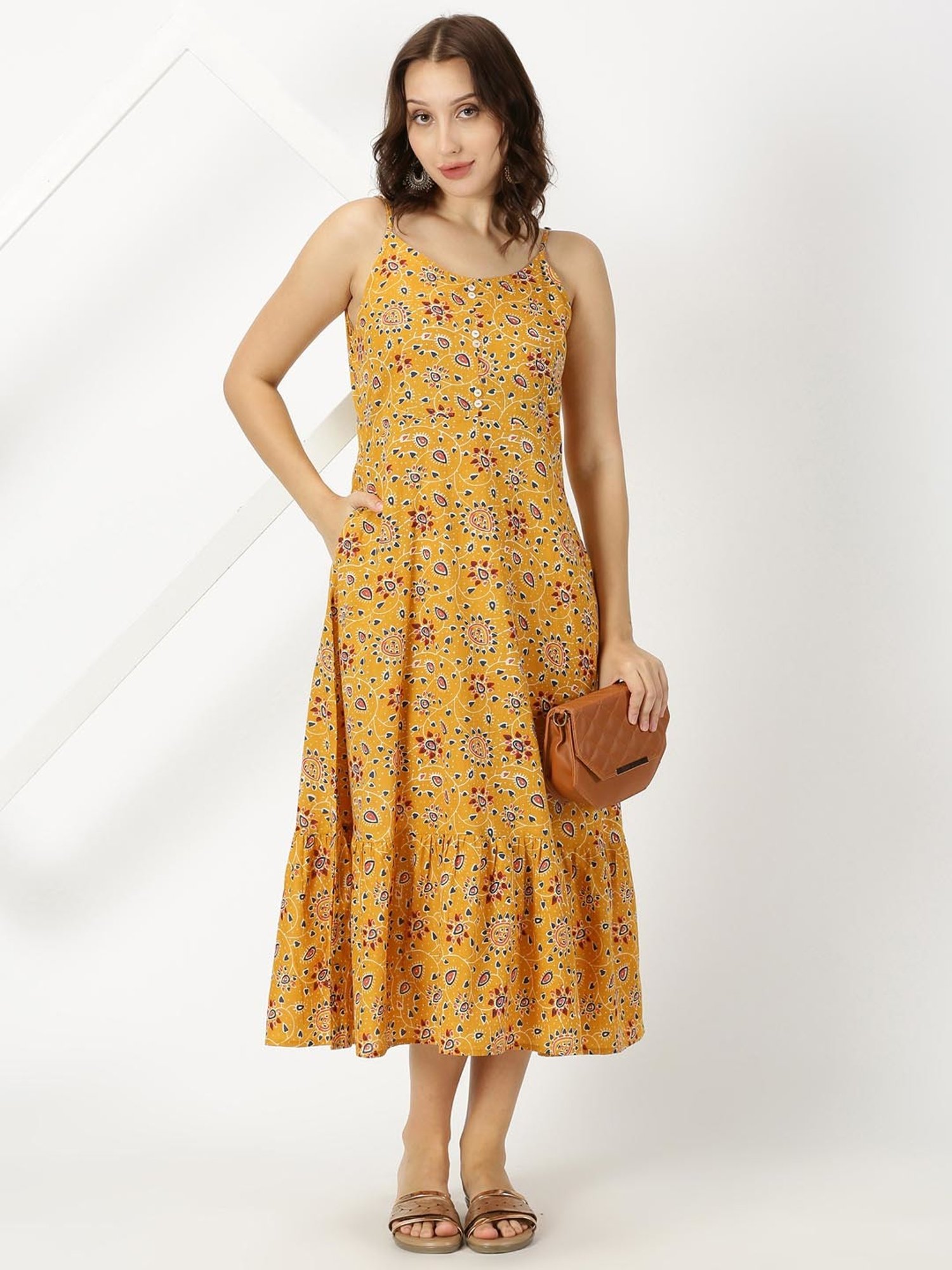 Saffron Threads Mustard Cotton Printed Ethnic Dress