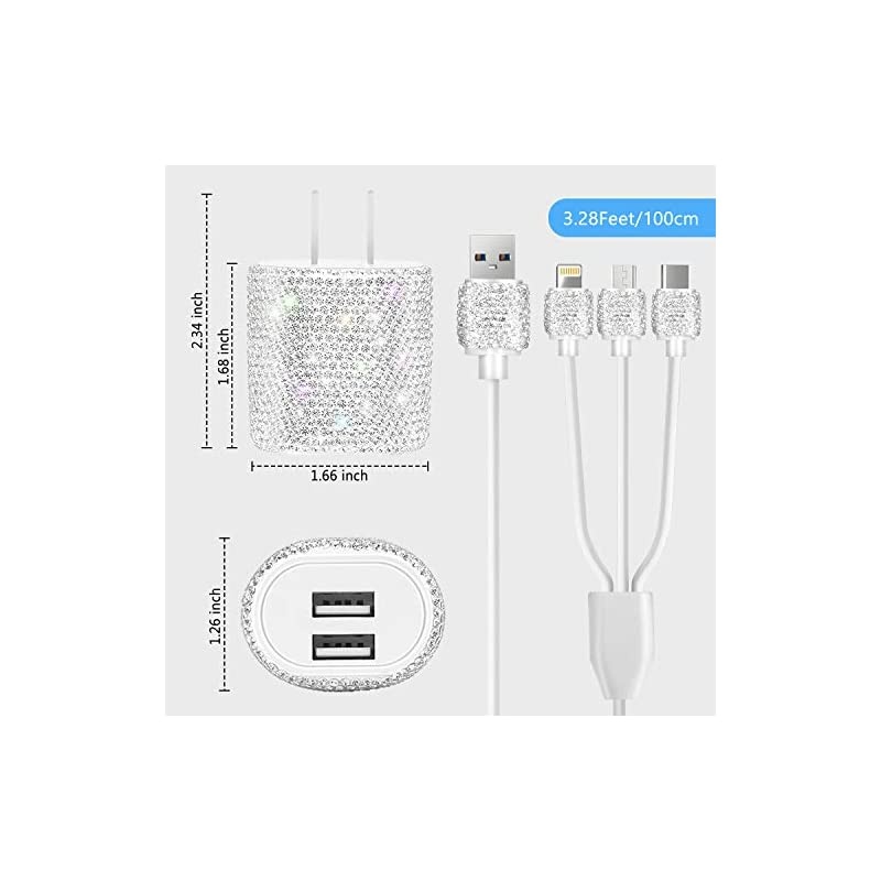 USB Wall Charger with Charging CableFast Block for iPhone Android3in1 Multi Charger Cable Micro USB Type C Multiple USB Cord with Crystal DecorationCell Phone Accessories for WomenGirls