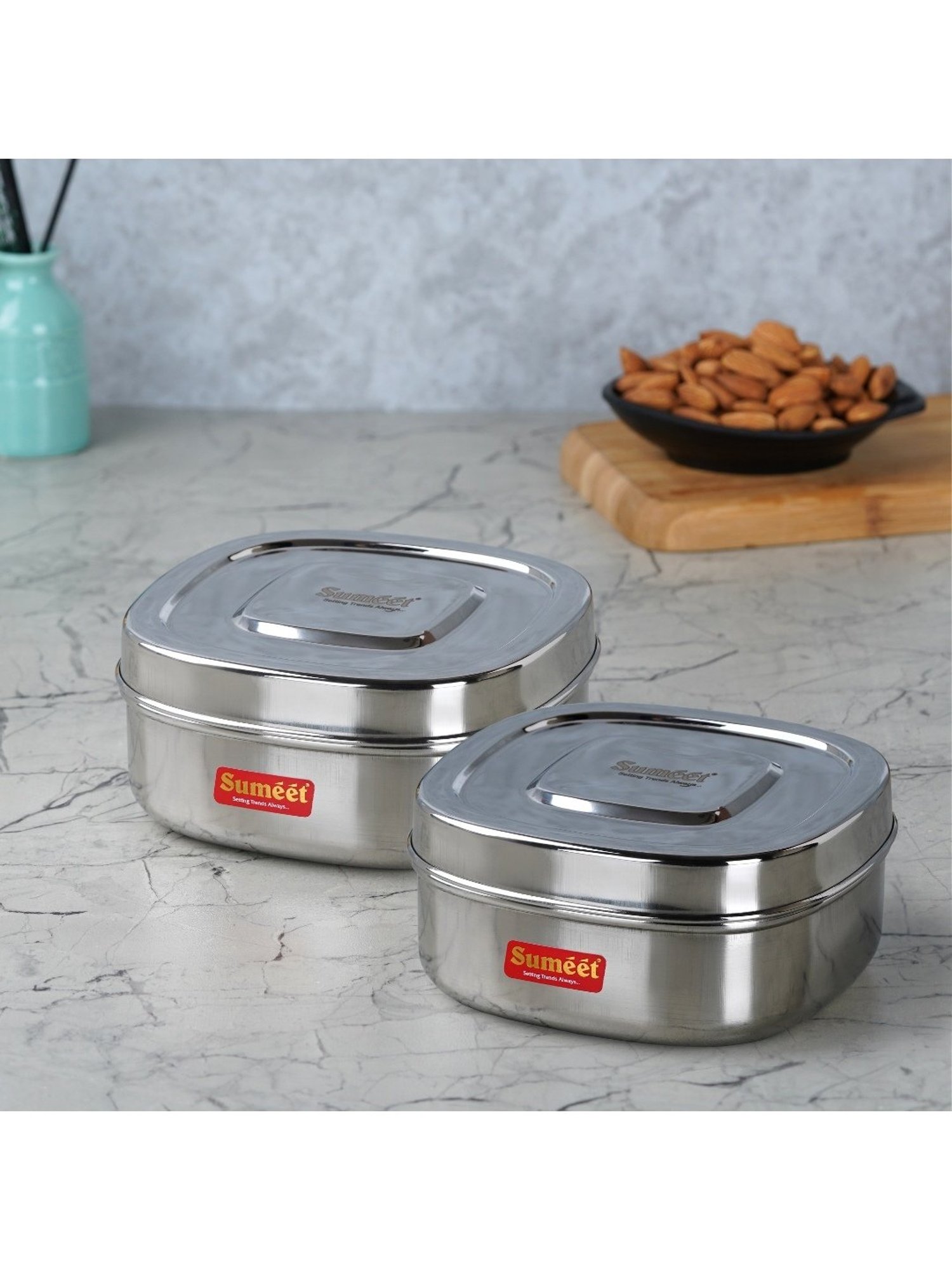 Sumeet S.S. Square Storage containers box/Dabba for Kitchen, Set of 2Pcs, 1000ml, 14cm Dia, Silver