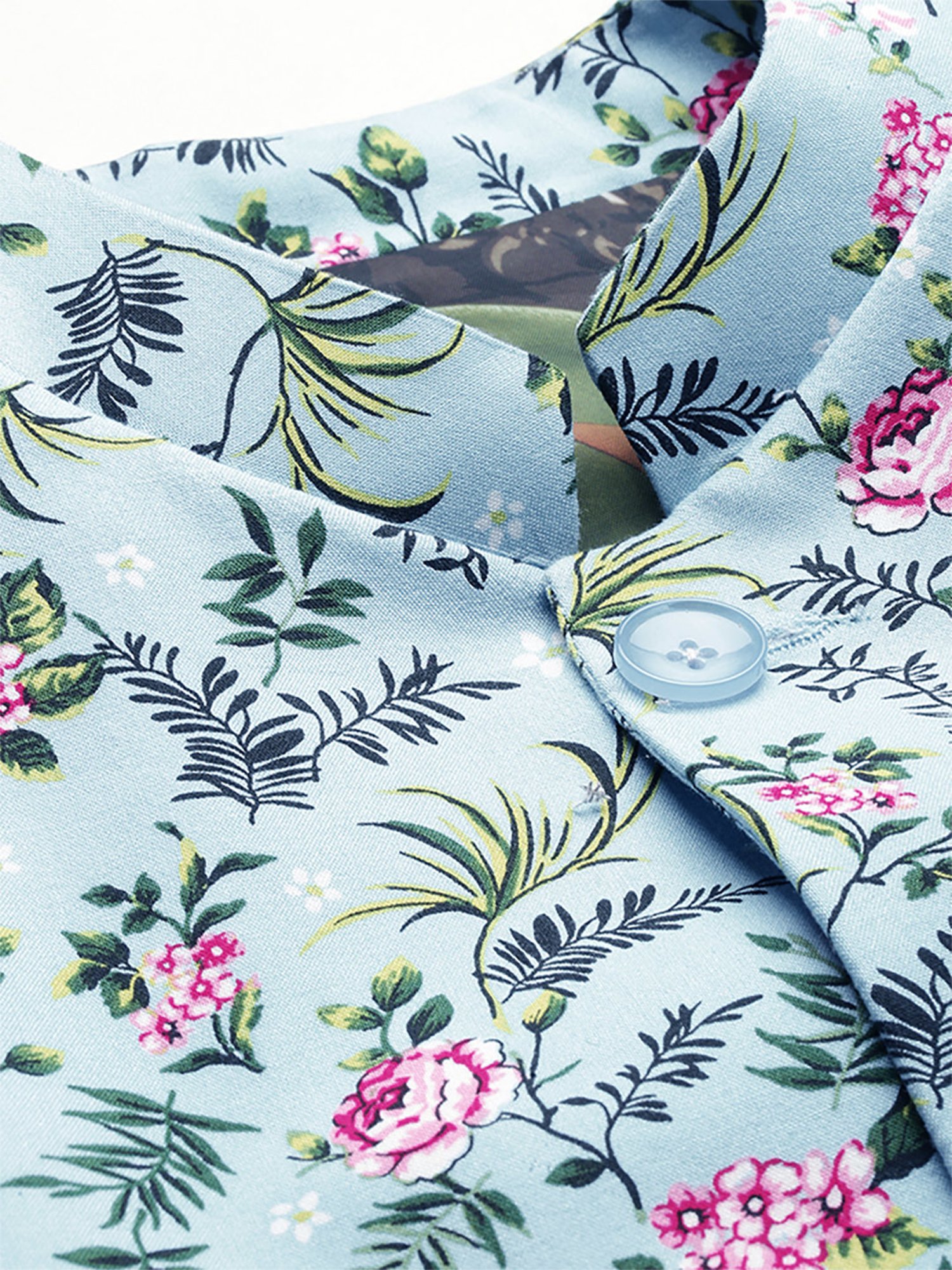 SHOWOFF Blue Cotton Slim Fit Floral Print Blazer