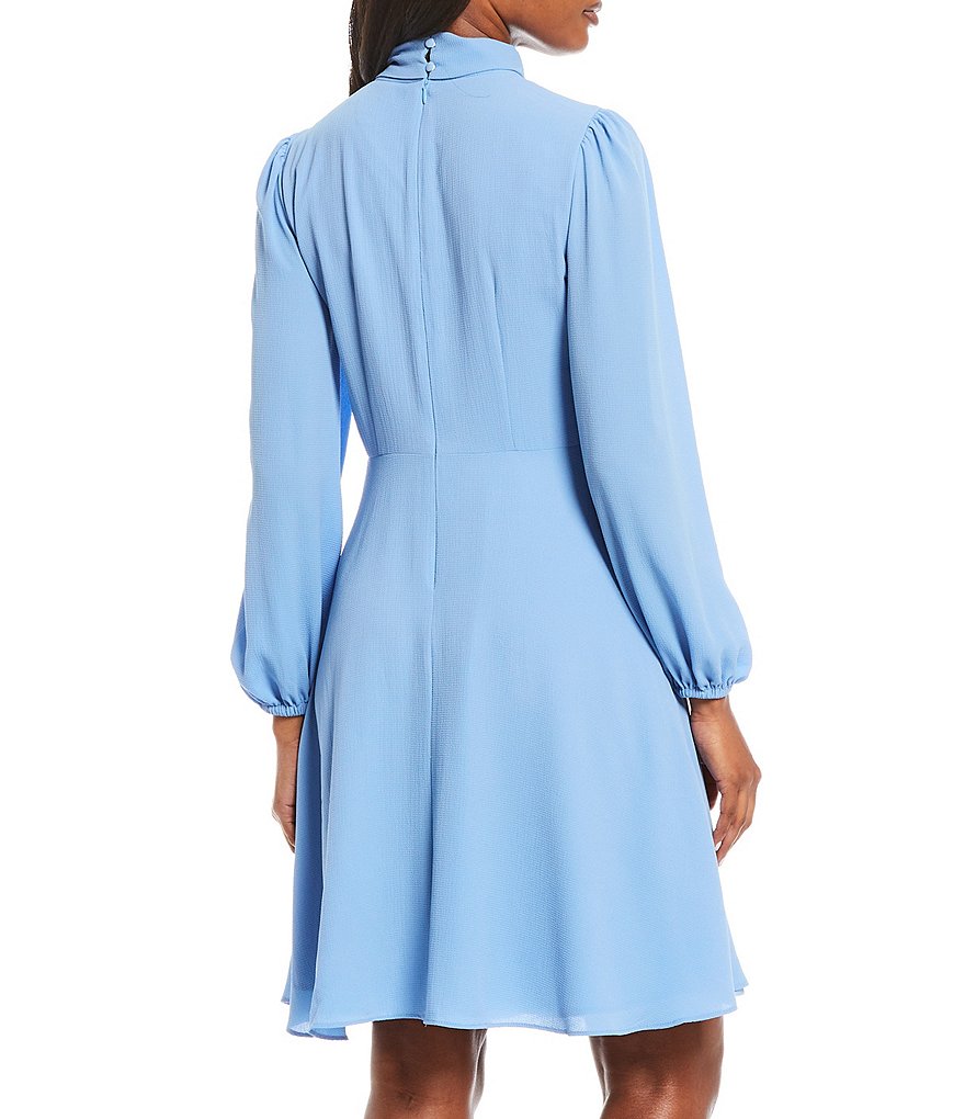 Maggy London Tie Neck Crepe Fit & Flare Long Sleeve Dress
