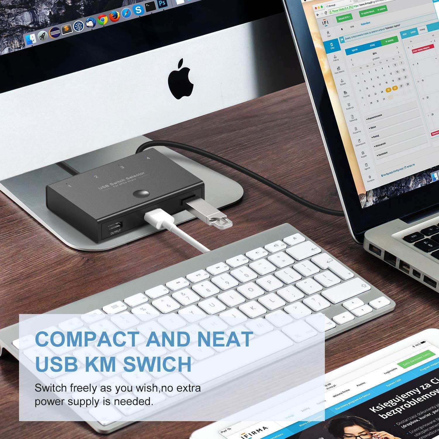 USB Switch Selector, KVM Switcher for 4 PC Sharing 3 USB Devices, One-Button Swapping for Keyboard, Mouse, Scanner, Printer, Computer, with 4 USB Cables