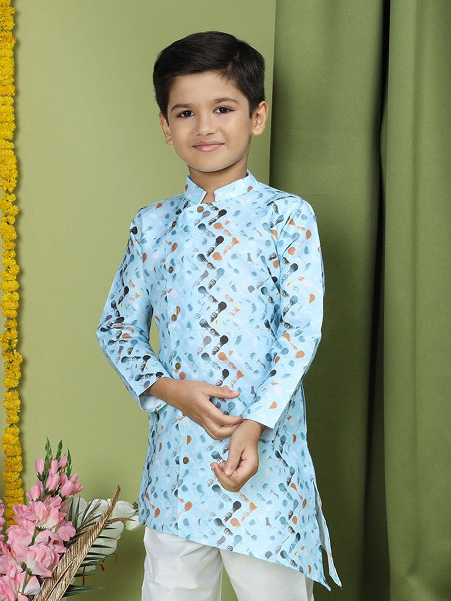 TABARD Kids Sky Blue Printed Full Sleeves Kurta