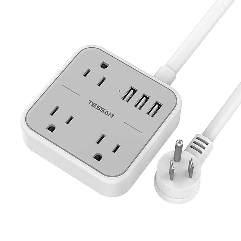 Strip with USB TESSAN Flat Plug Extension Cord with 3 USB Ports Mini Travel Strip with 3 Widely Spaced Outlets 5 Feet Cord Compact for Cruise Ship Hotel Dorm Room Home Gray