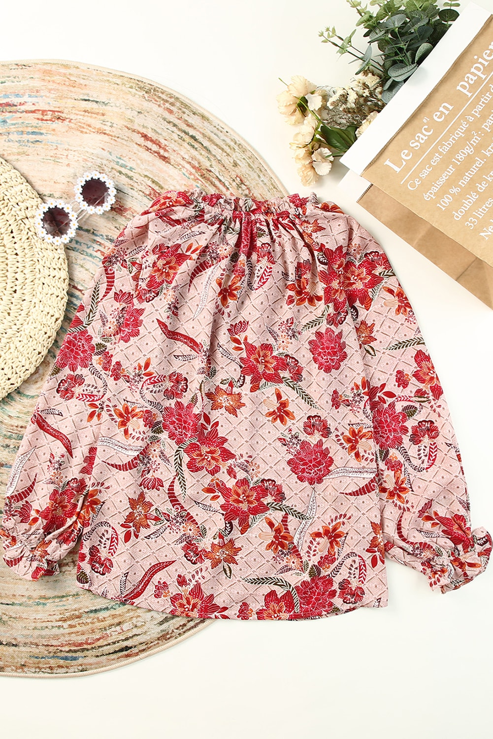 One World Apparel Jacquard Square Neck Short Sleeve Ivory Multi Floral Print Top