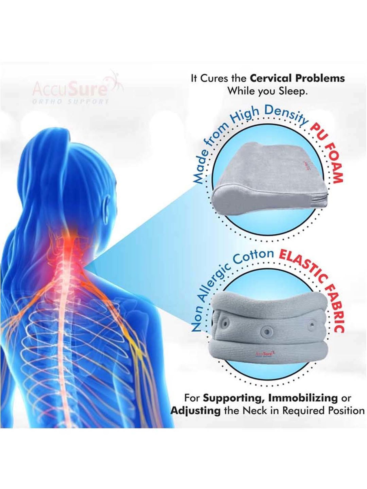 AccuSure Cervical Pillow with Cervical Collar for Neck and Spinal Support - Small (Grey)