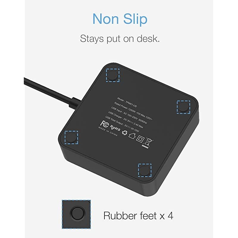 Strip with 3 USB 3 Outlet, Desktop Charging Station 5 ft Flat Plug Extension Cord, Small and Portable for Cruise Ship, Dorm Room, Black