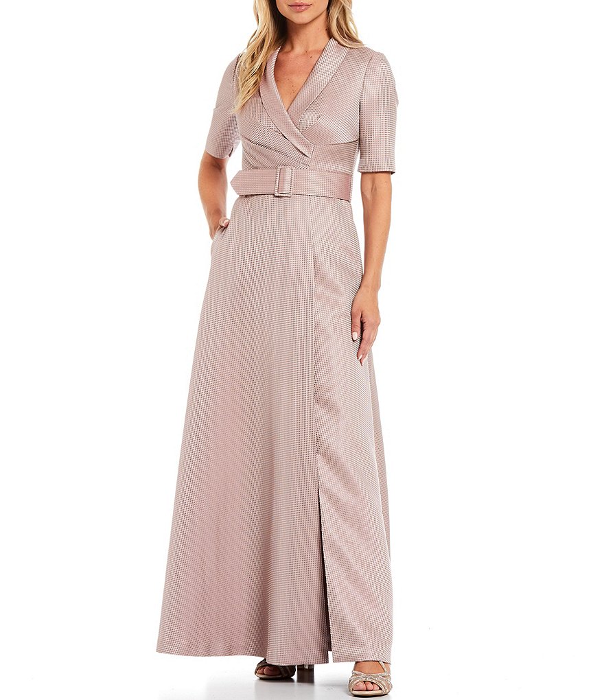 Kay Unger London Portrait Collar A-Line V-Neck Elbow Sleeve Jumpsuit Belted Gown