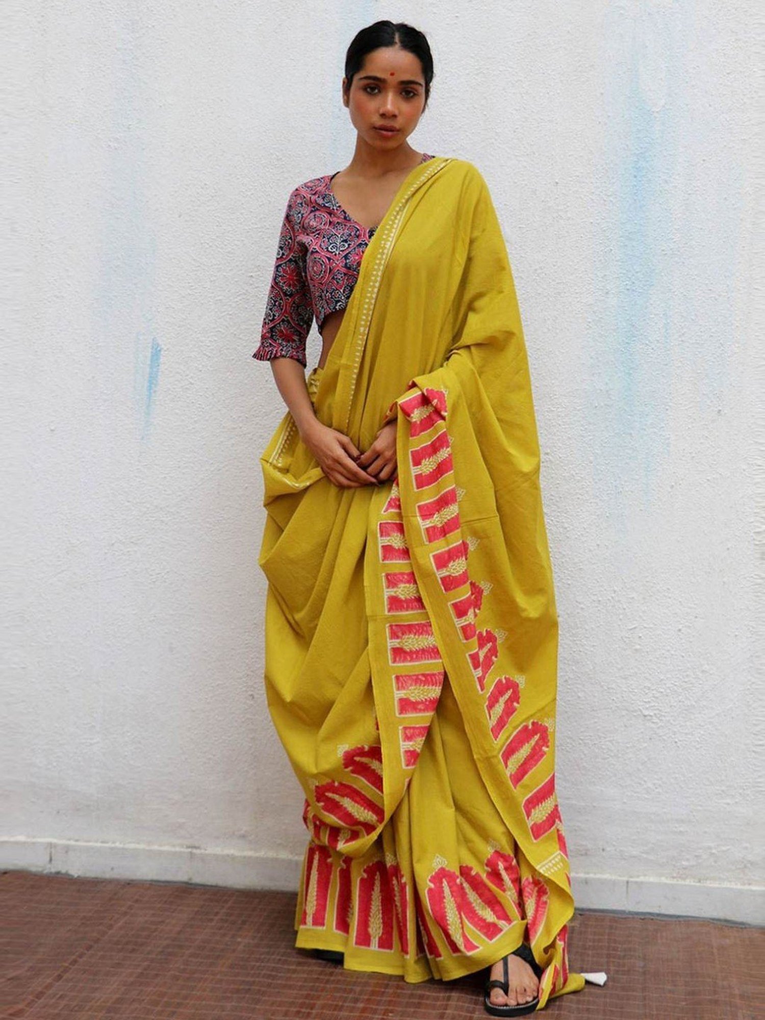 Chidiyaa Mustard Yellow Paakhi Apricot Sun Handblock Printed Cotton Saree