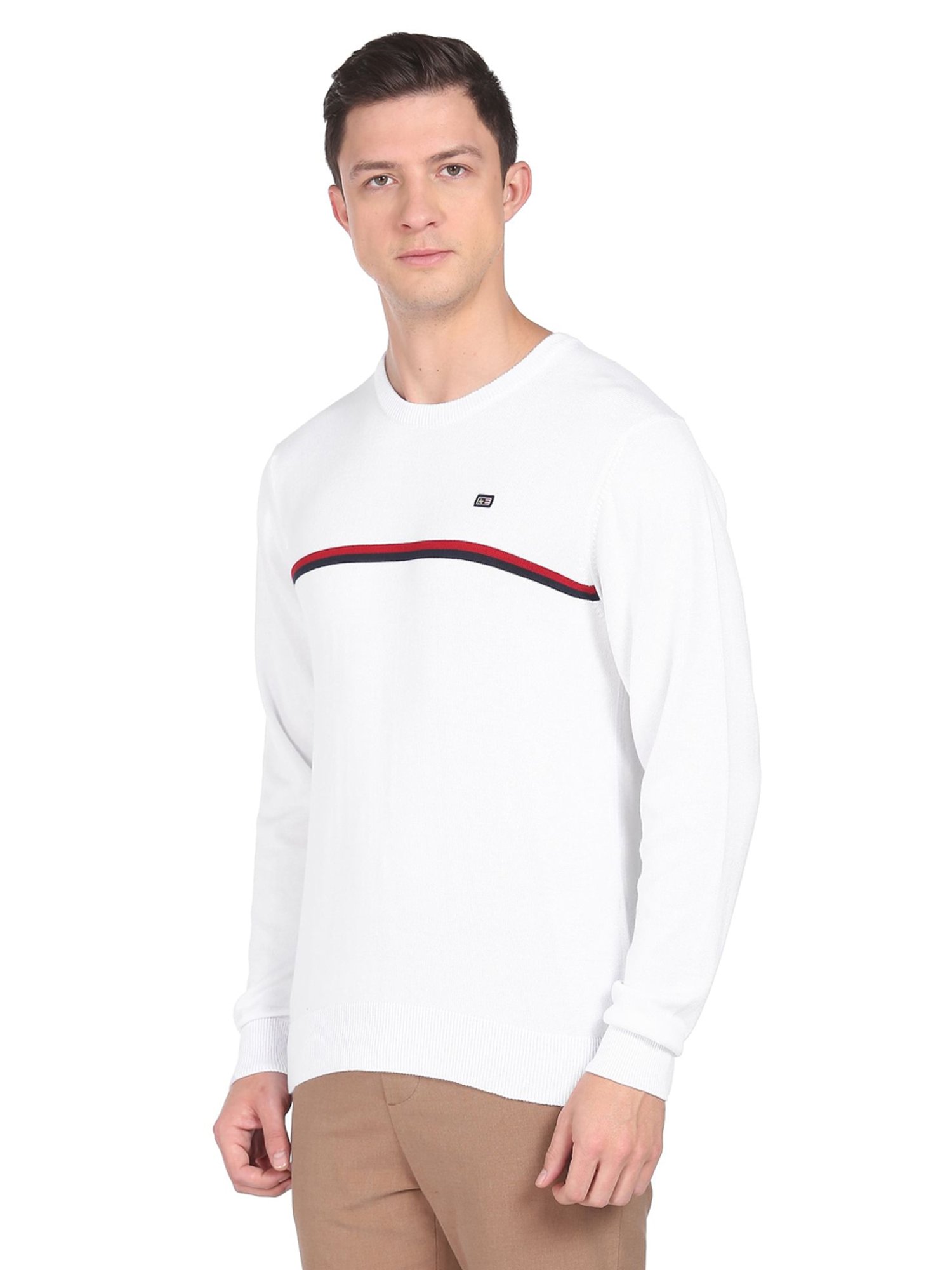 Arrow Sport White Cotton Regular Fit Striped Sweaters
