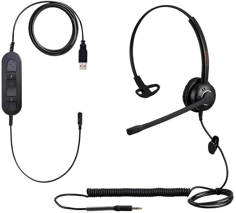 3.5mm USB Computer Headset PC Headphone with Microphone for Laptops Teams Skype Wired One Ear Cell Phone Headset for Cellphones Mobiles Tablets Androids BlackBerry Samsung iPhone Huawei iPad MacBook
