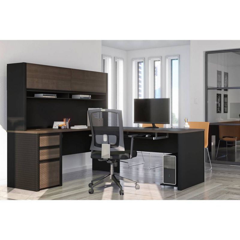 Connexion L Shaped Workstation with Hutch Antigua/Black - Bestar