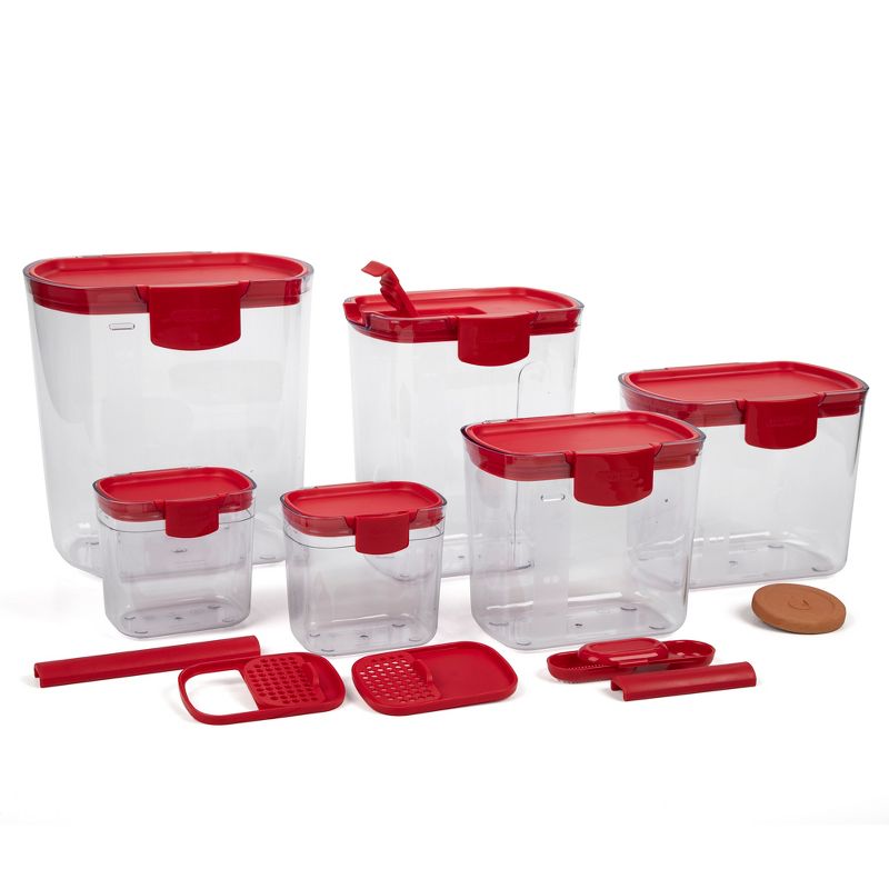 Progressive International Prepworks ProKeeper 6 Piece Clear Food Storage Container Bin and Lid Set for Home Pantry Kitchen Organization, Red (2 Pack)