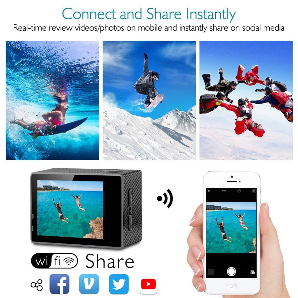 Dragon Touch Vision 3 4K Action Camera 16MP Underwater Waterproof Camera 170&deg; Wide Angle WiFi Sports Cam with Remote 2 Batteries and Mounting Accessories Kit