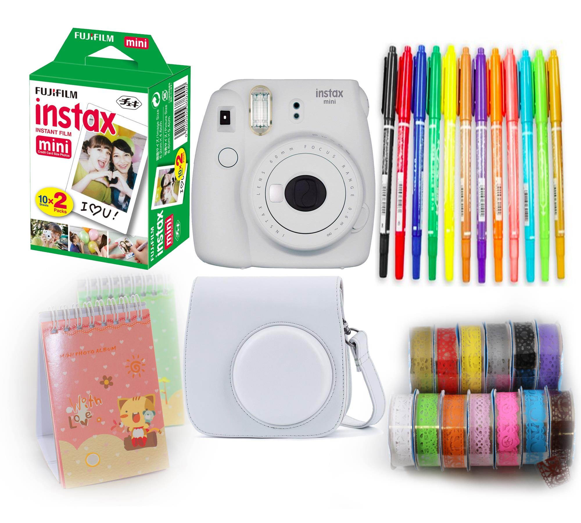 Fujifilm Instax Mini 9 camera bundle. Mini 9 Instant Camera,Case,Films (20)10 Colored Pens,2 Mini Photo Albums,13 Rolls Decorative Ribbons,Quality Photo Ulta Soft Microfiber Cloth