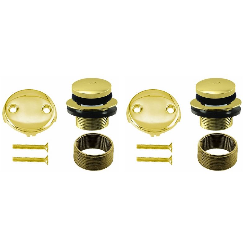 Westbrass 1.5 Inch Diameter Round Universal Tiptoe Drain Bathtub Trim Set with 2-Hole Overflow Faceplate, Polished Brass (2 Pack)