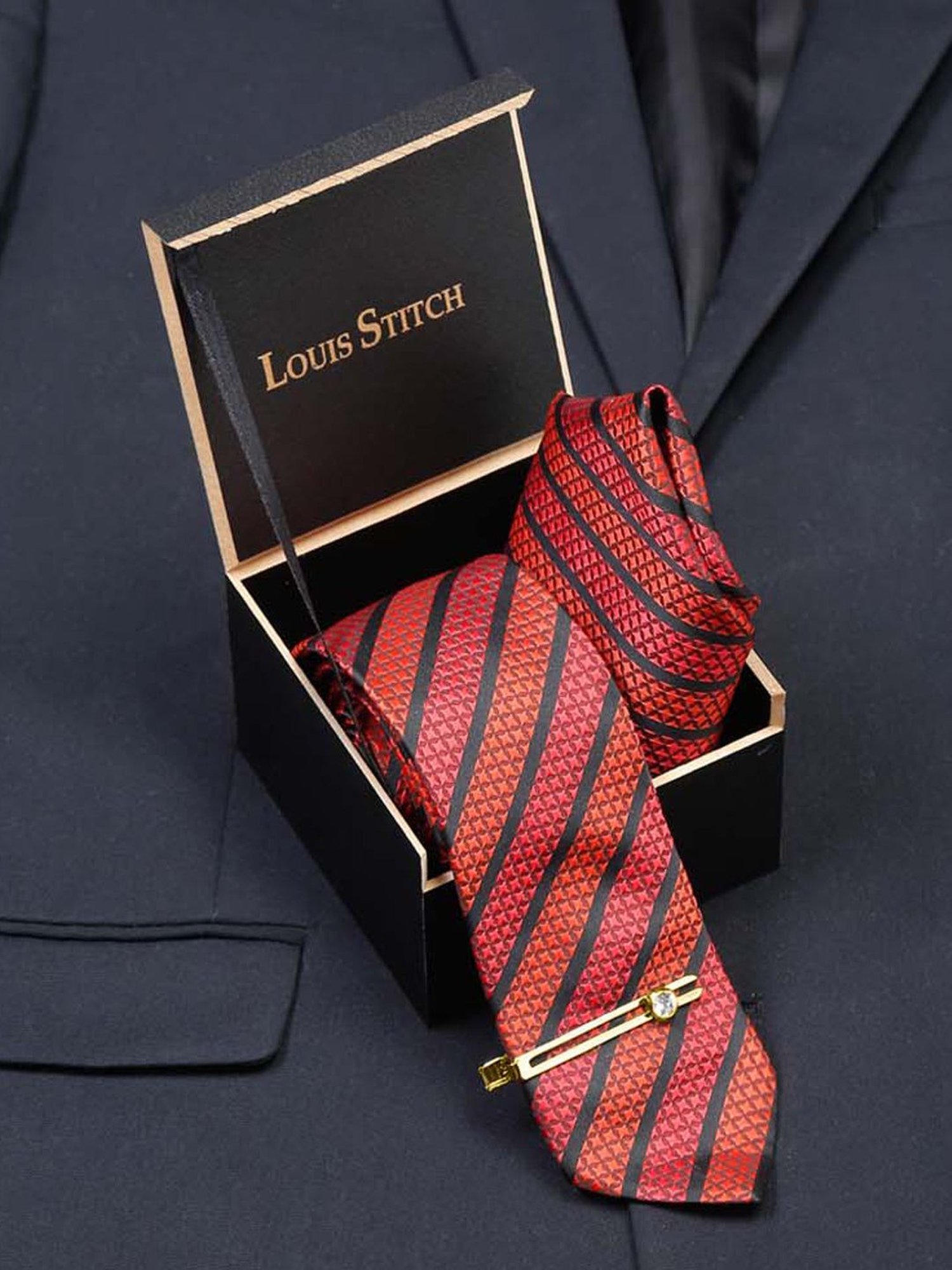 Louis Stitch Red Striped Necktie Gift Set - Set of 3
