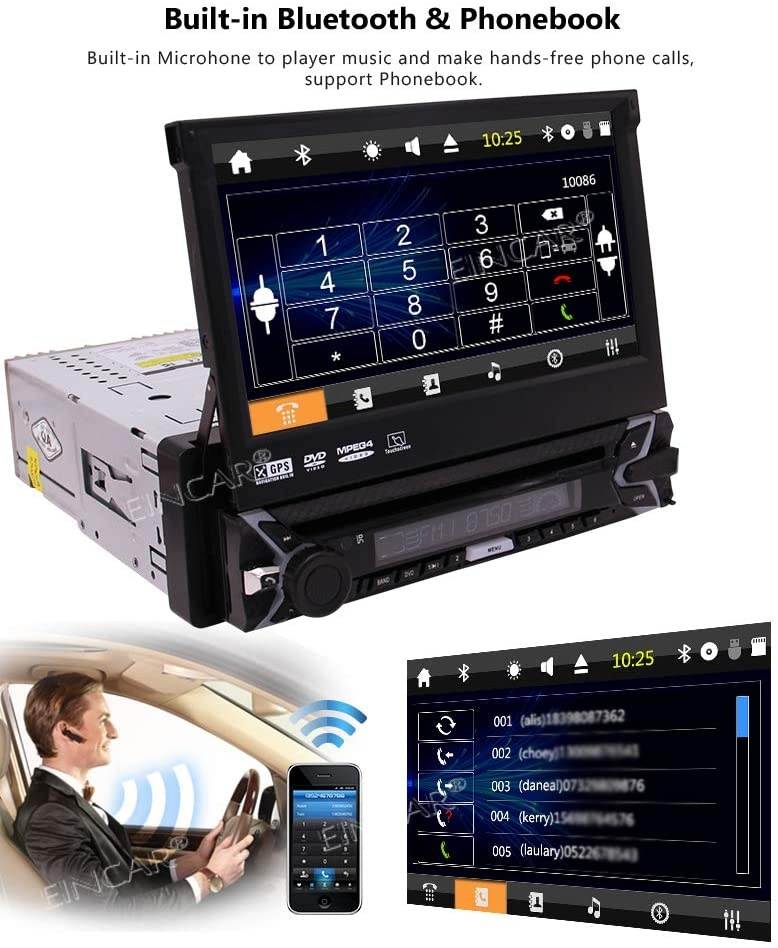 7 inch Single Din Car Stereo Bluetooth Car DVD Player Retractable Capacitive Touch Screen Wince System Support GPS Navigation/USB/SD/Cam-in/Work with Bluetooth/SWC & Free Backup Camera Included