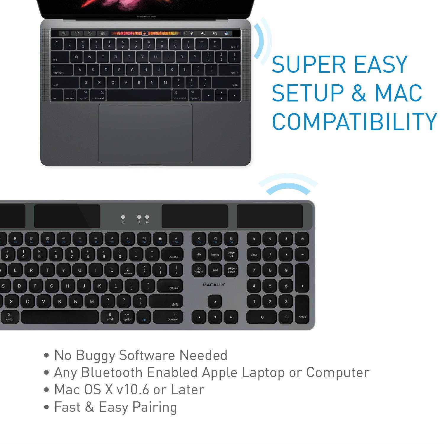 Macally Bluetooth Wireless Solar Keyboard for Mac Mini/Pro, iMac Desktop Computers & Apple MacBook Pro/Air Laptops | Rechargeable Via Any Light Source | Caps Lock/Battery Indicators - Space gray