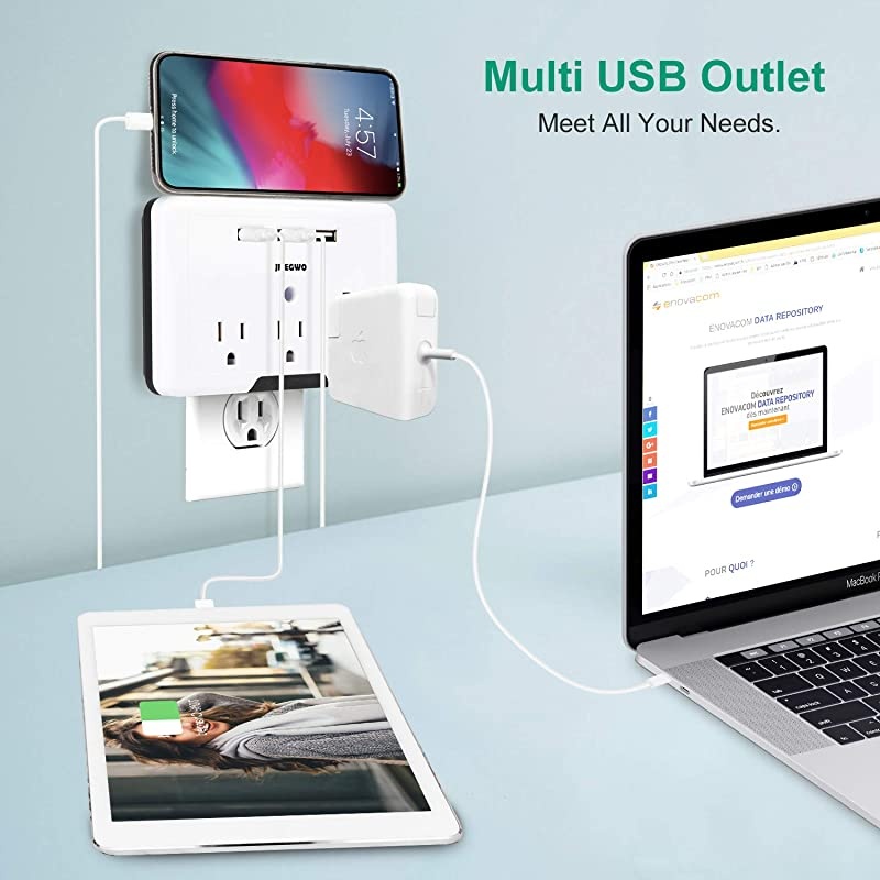 Multi Plug 3 Outlet 3 USB Wall Mount Adapter 1700 Joules Surge Protector Wall Outlet Plug Extender USB Charging Station White USB Plug by  ETL Certified
