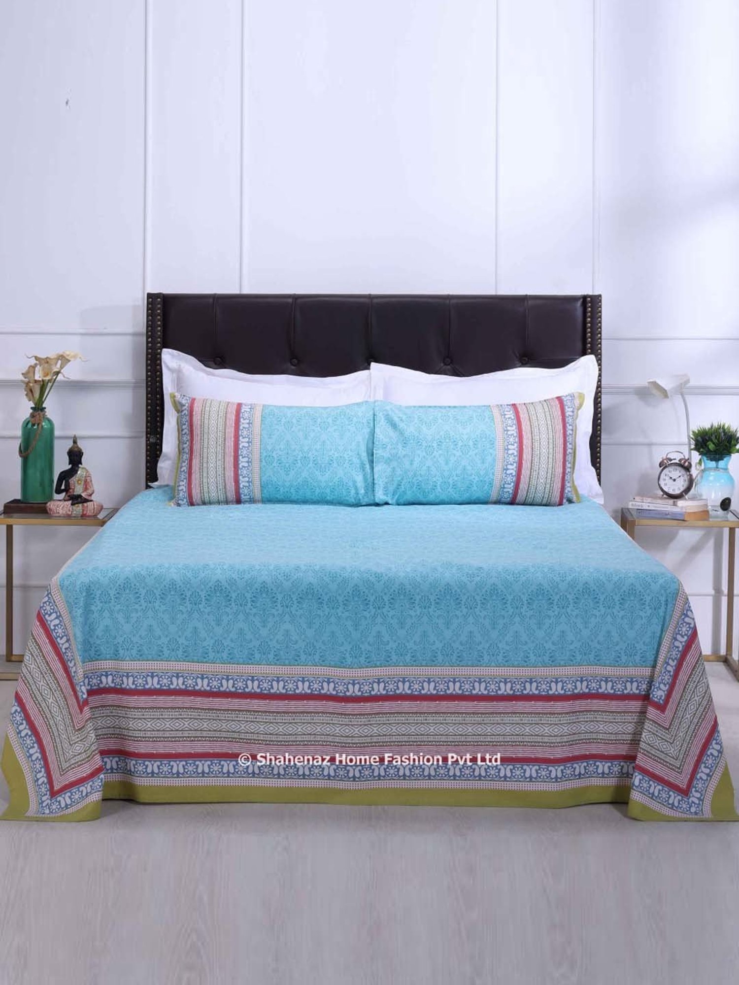 Shahenaz Blue 120 TC Cotton Madhuban Double Bedsheet with 2 Pillow Covers