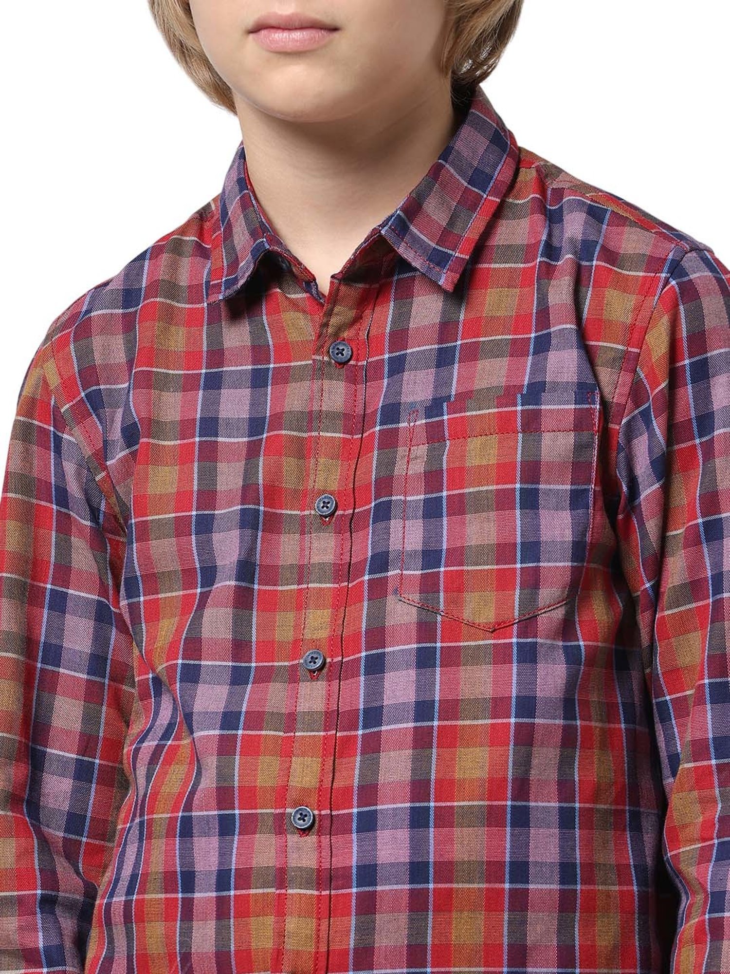 Jack & Jones Junior Red & Lilac Cotton Chequered Full Sleeves Shirt