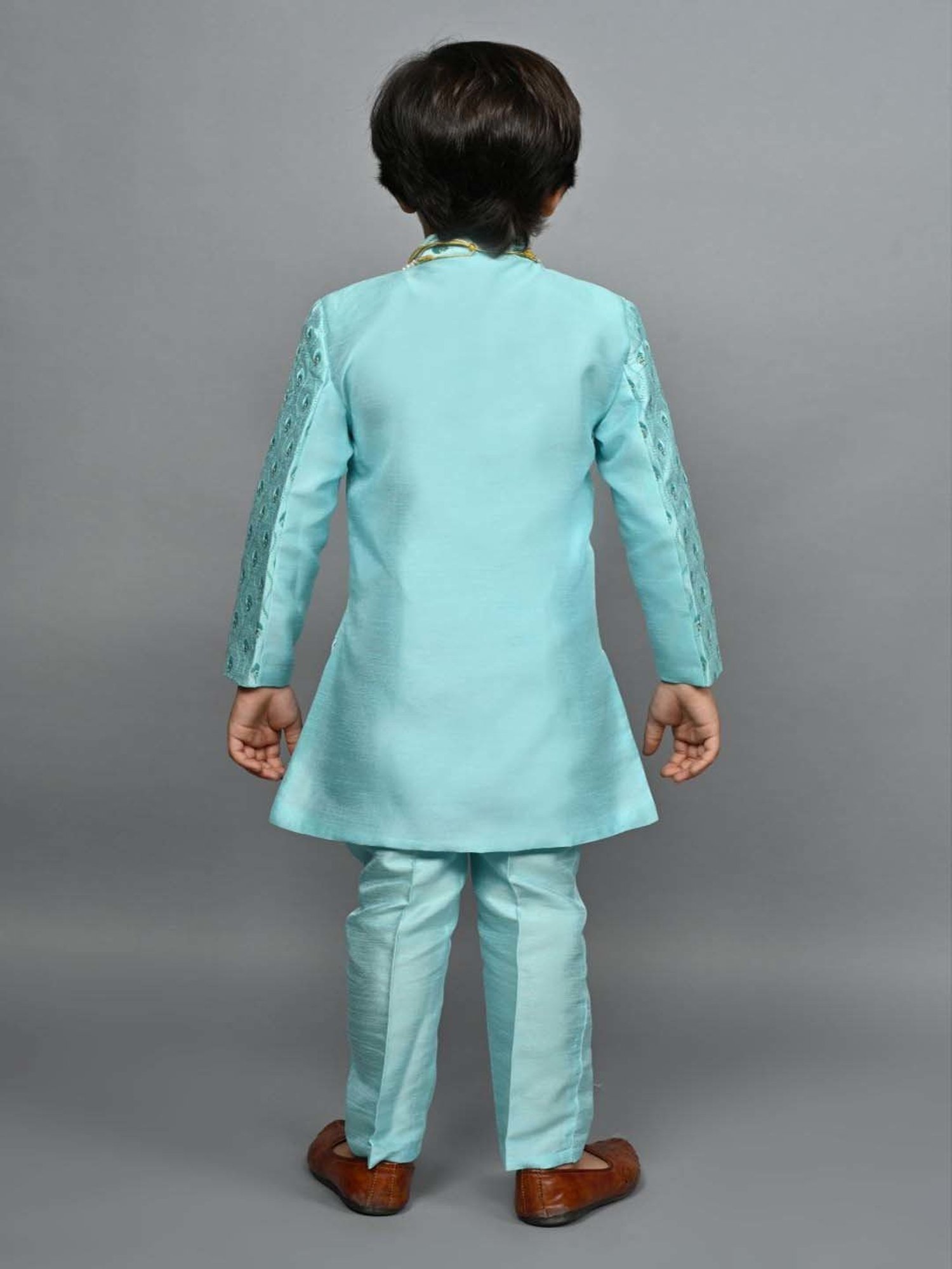 Ahhaaaa Kids Blue & White Embellished Full Sleeves Sherwani Set