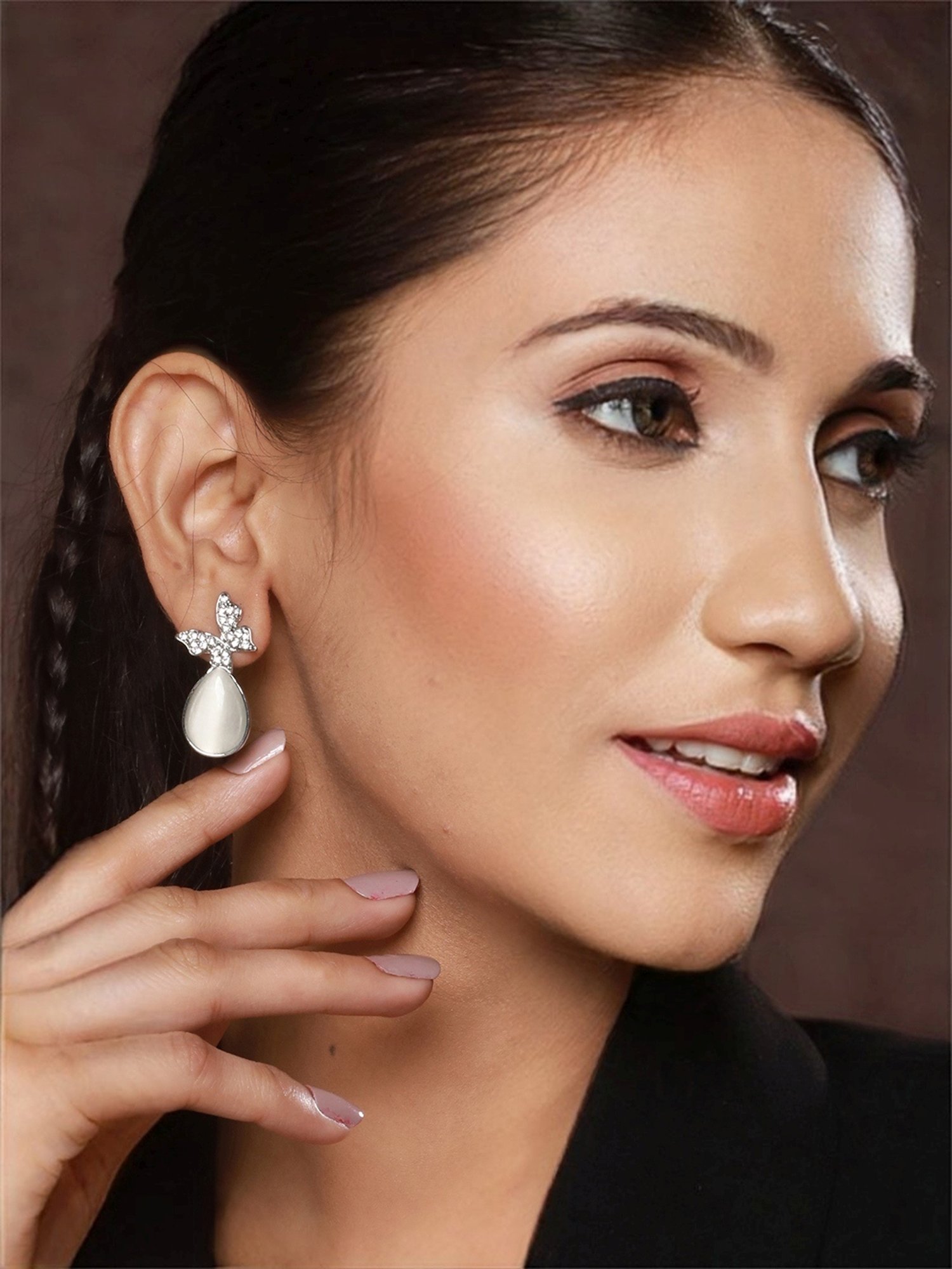 Prita by Priyaasi Butterfly Tear AD Silver-Plated Stud Earrings