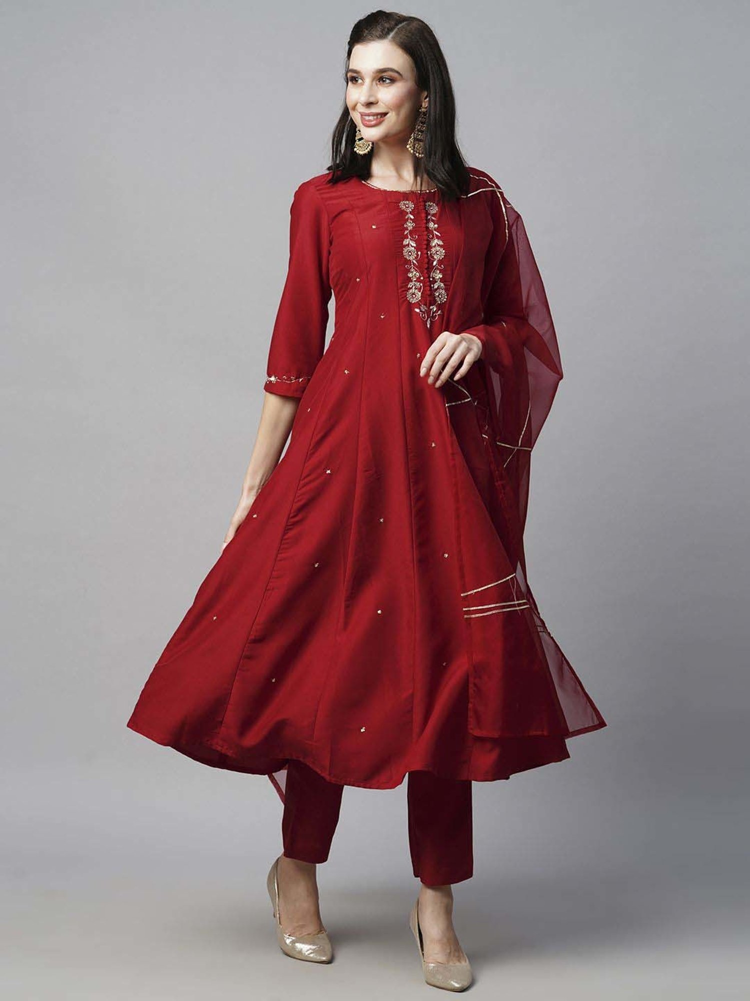 Heeposh Red Embroidered Kurta Pant Set With Dupatta
