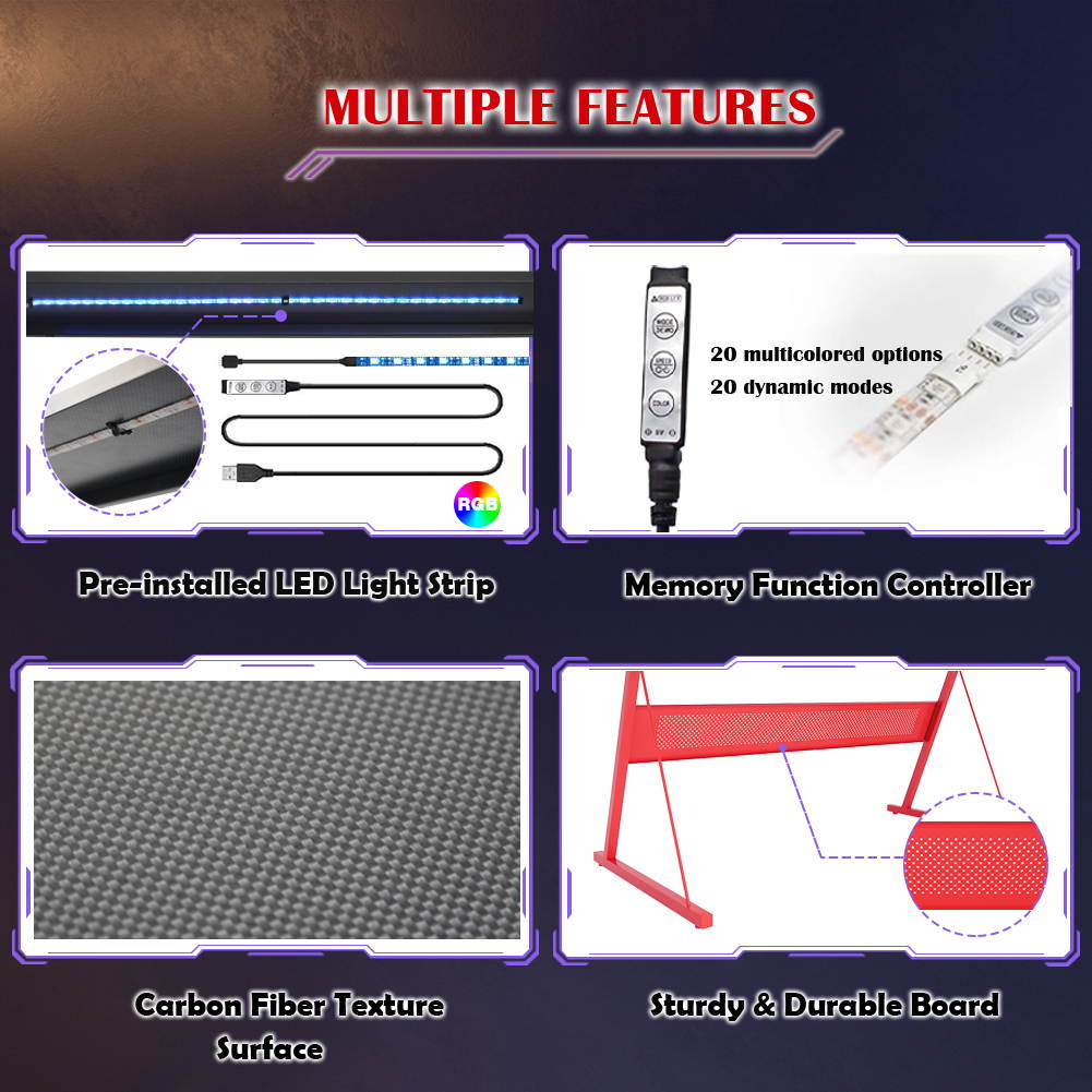 Bestier 55.2" Gaming Desk Racing Style PC Computer Desk L-Shaped Desk Corner Home Office Table with Ergonomic Monitor Stand & RGB Strip Light & Multifunctional Hook (Black Carbon Fiber)