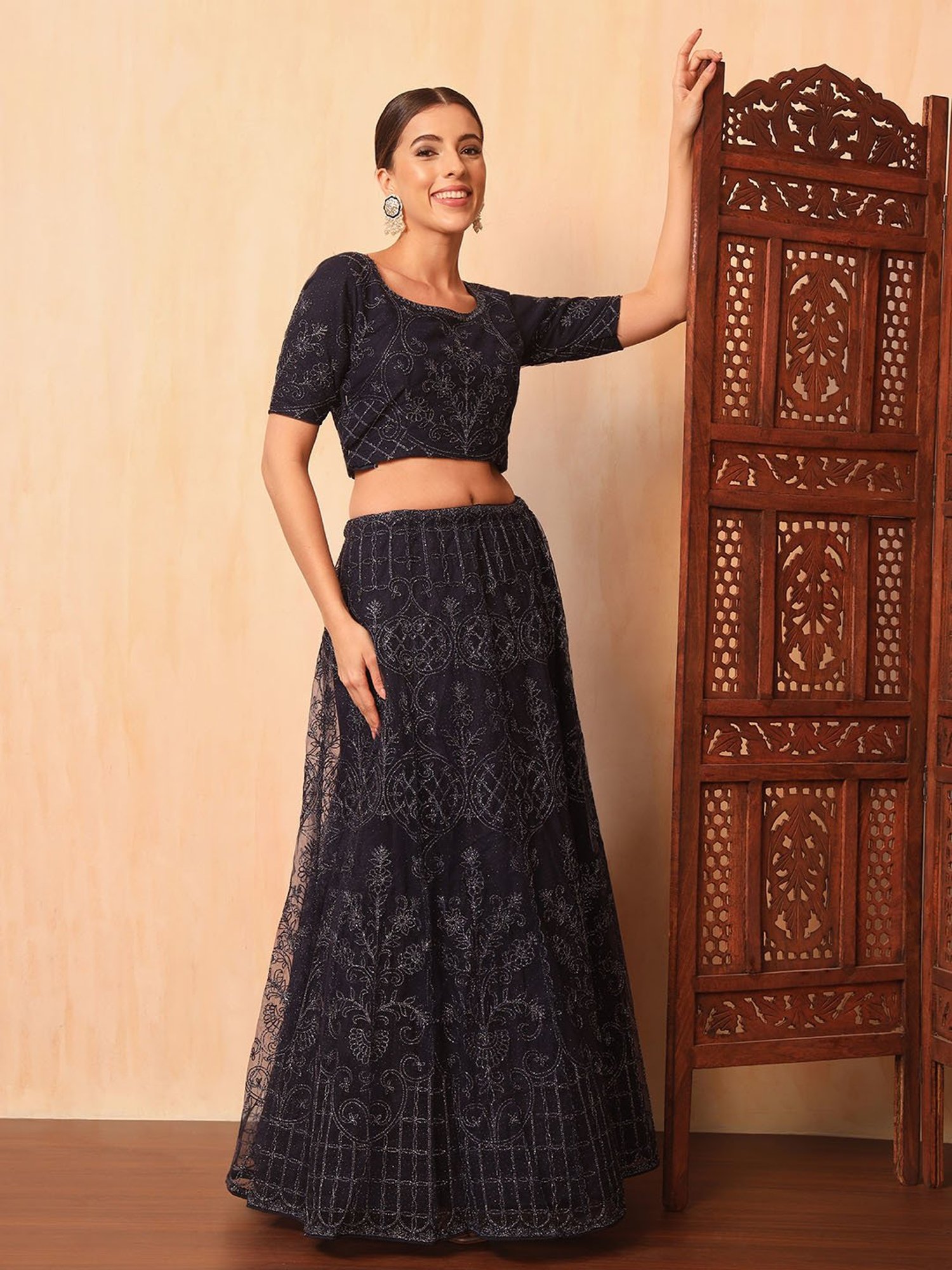 SHUBHKALA Dark Navy Embroidered Lehenga Choli Set With Dupatta