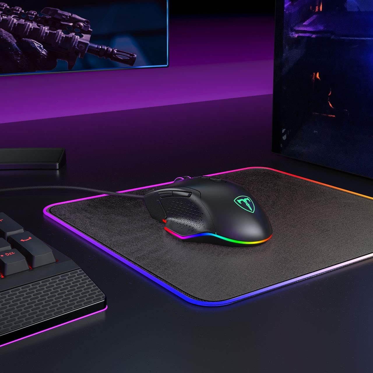 PICTEK RGB Gaming Mouse Wired Mouse Gaming with Weight Tuning Set in the Mouse with 12000 DPI Fire & Sniper Button 10 Programmable Buttons