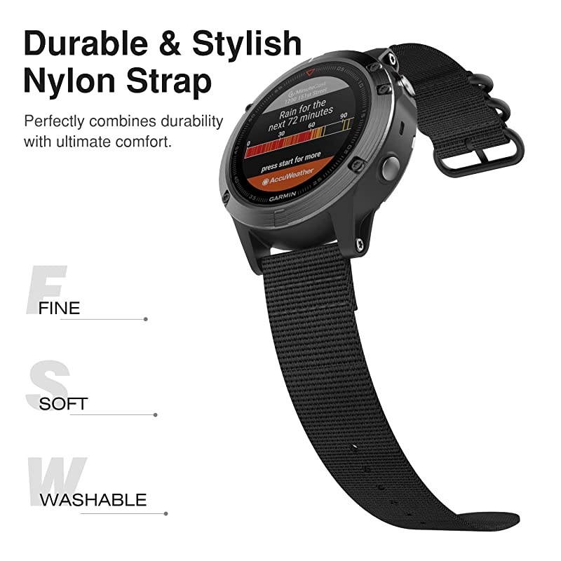 Band Compatible with Garmin Fenix 6/Fenix 6 Pro/Fenix 5/5 Plus/Forerunner 935/945/Quatix 6/Approach S62/S60, Fine Woven Nylon Adjustable Replacement Strap with Metal Buckle - Black