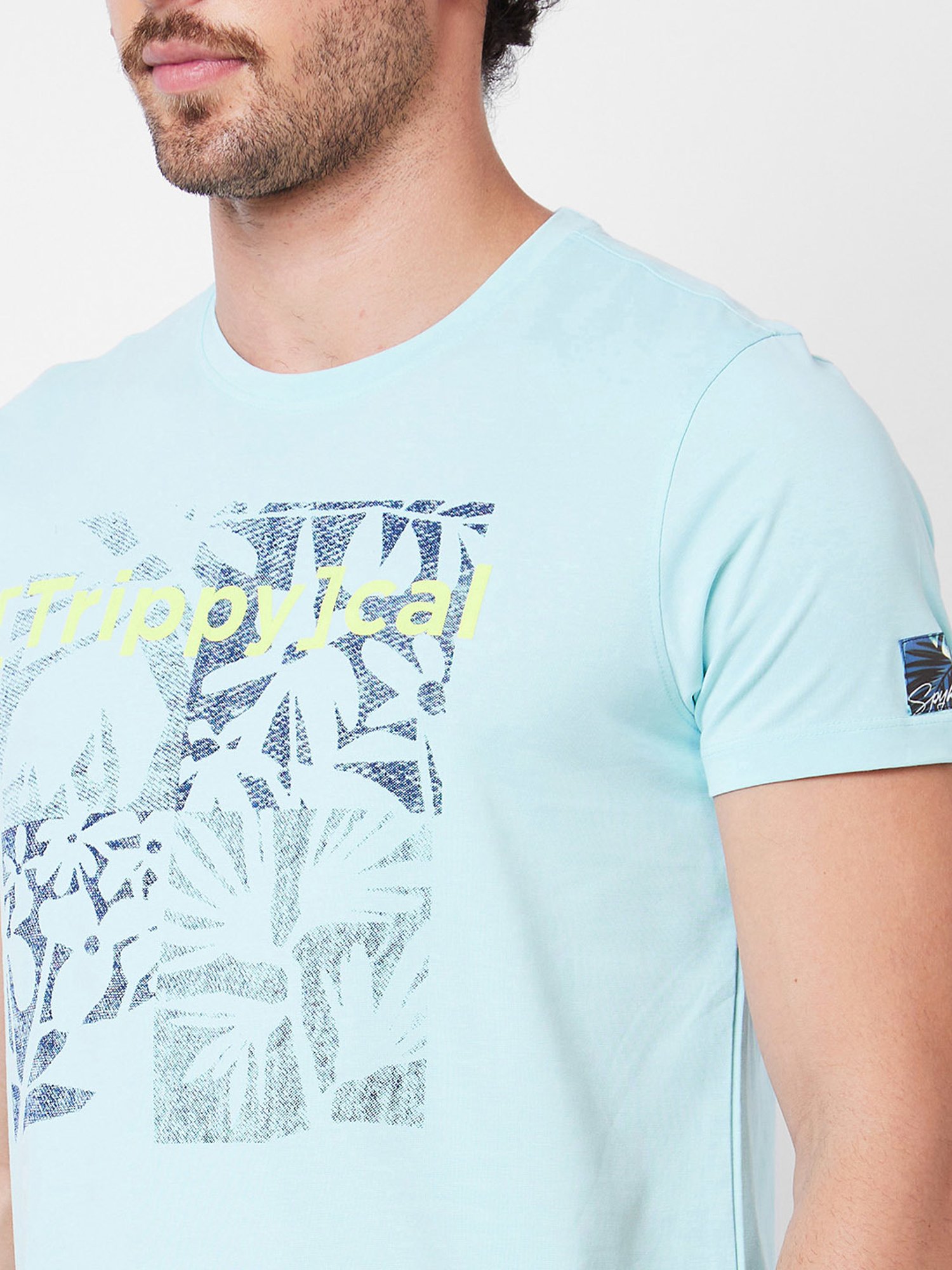 Spykar Light Blue Slim Fit Printed Crew T-Shirt