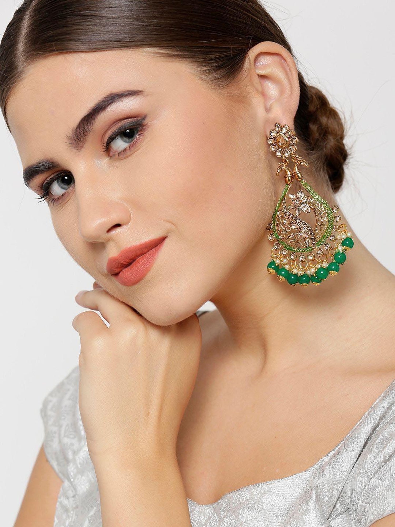 Priyaasi Peacock Green & Golden Dangler Earrings