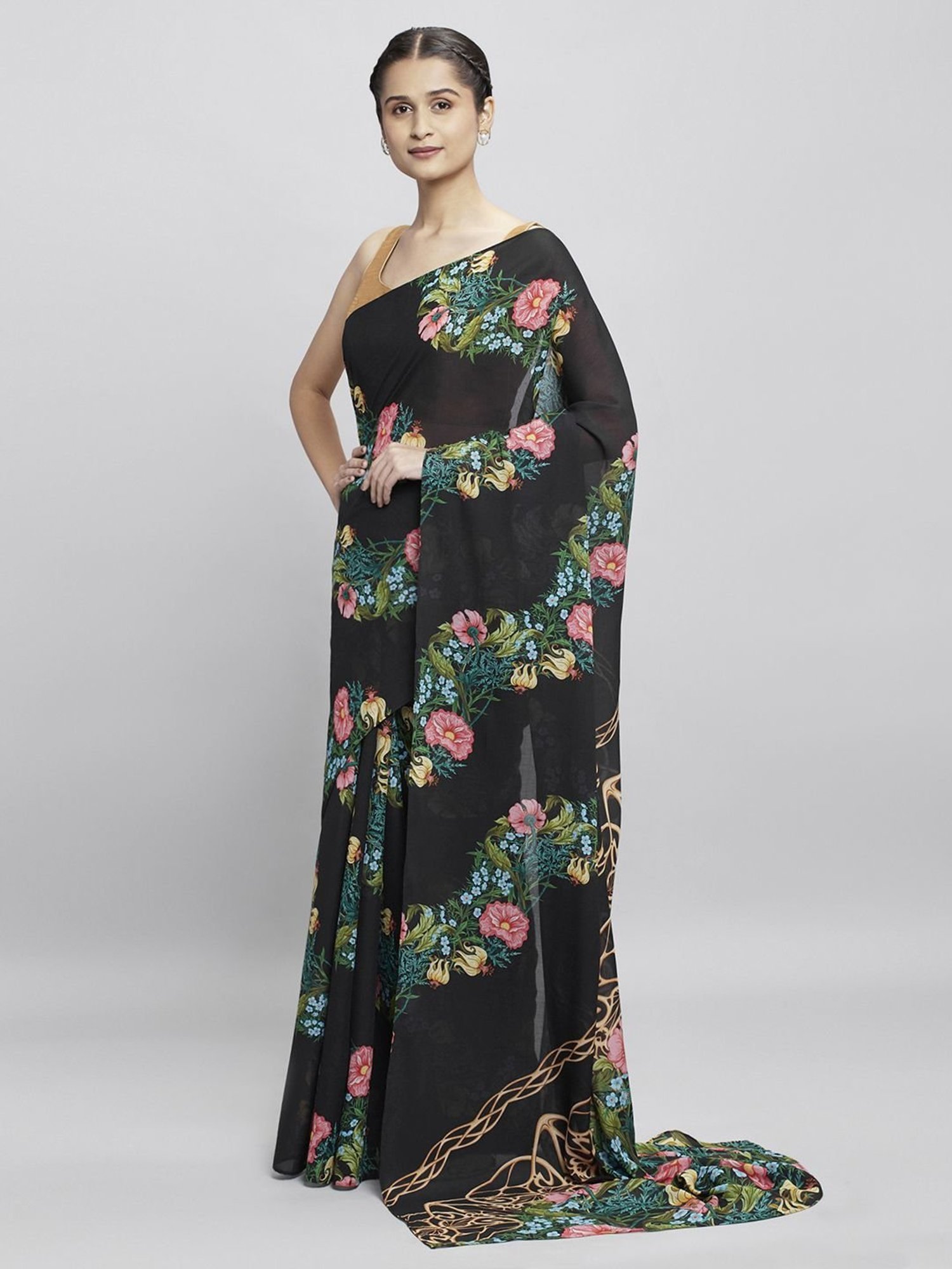 navyasa by liva Black Floral Print Saree With Unstitched Blouse