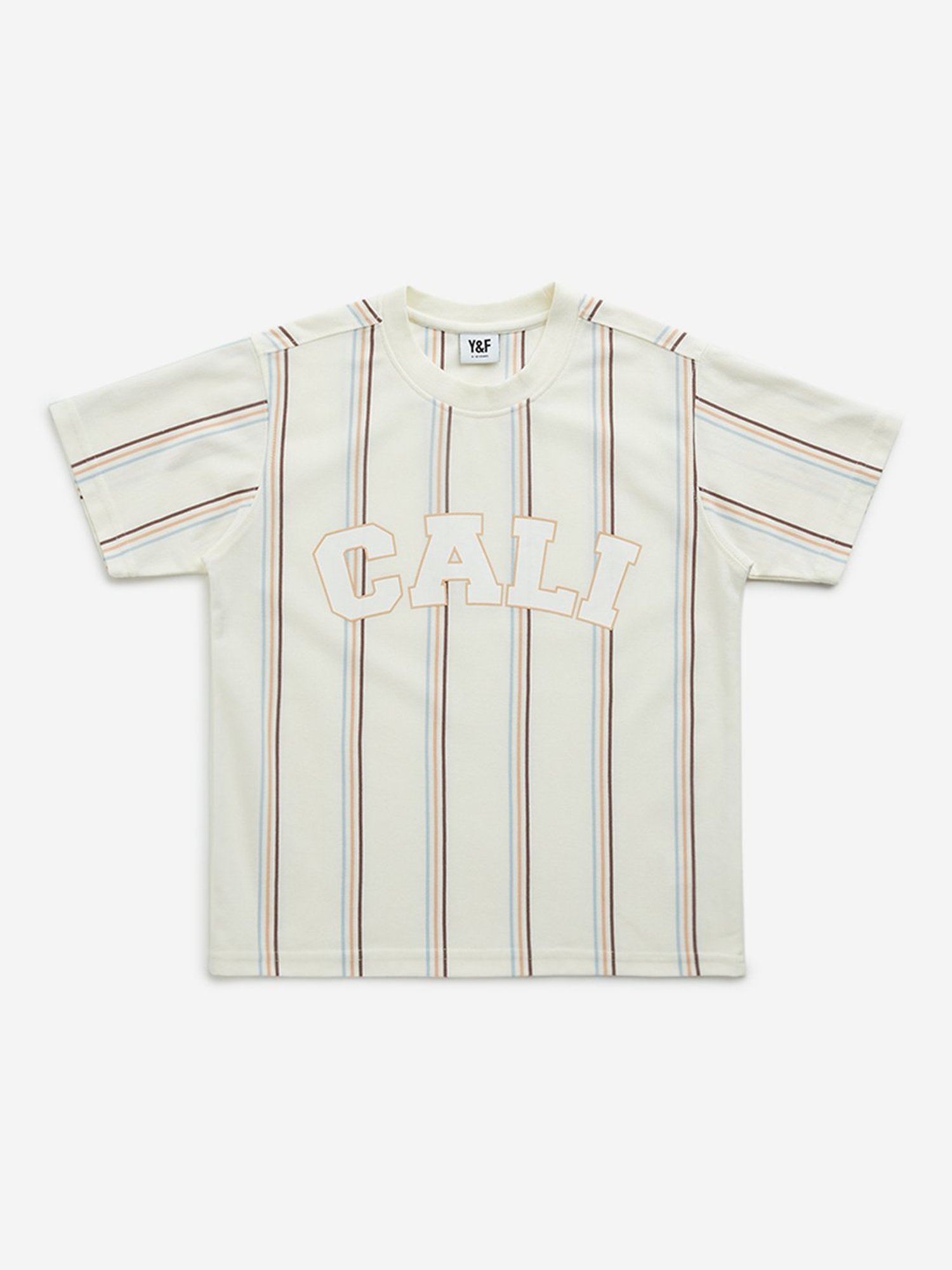 Y&F Kids by Westside Off-White Striped Printed T-Shirt
