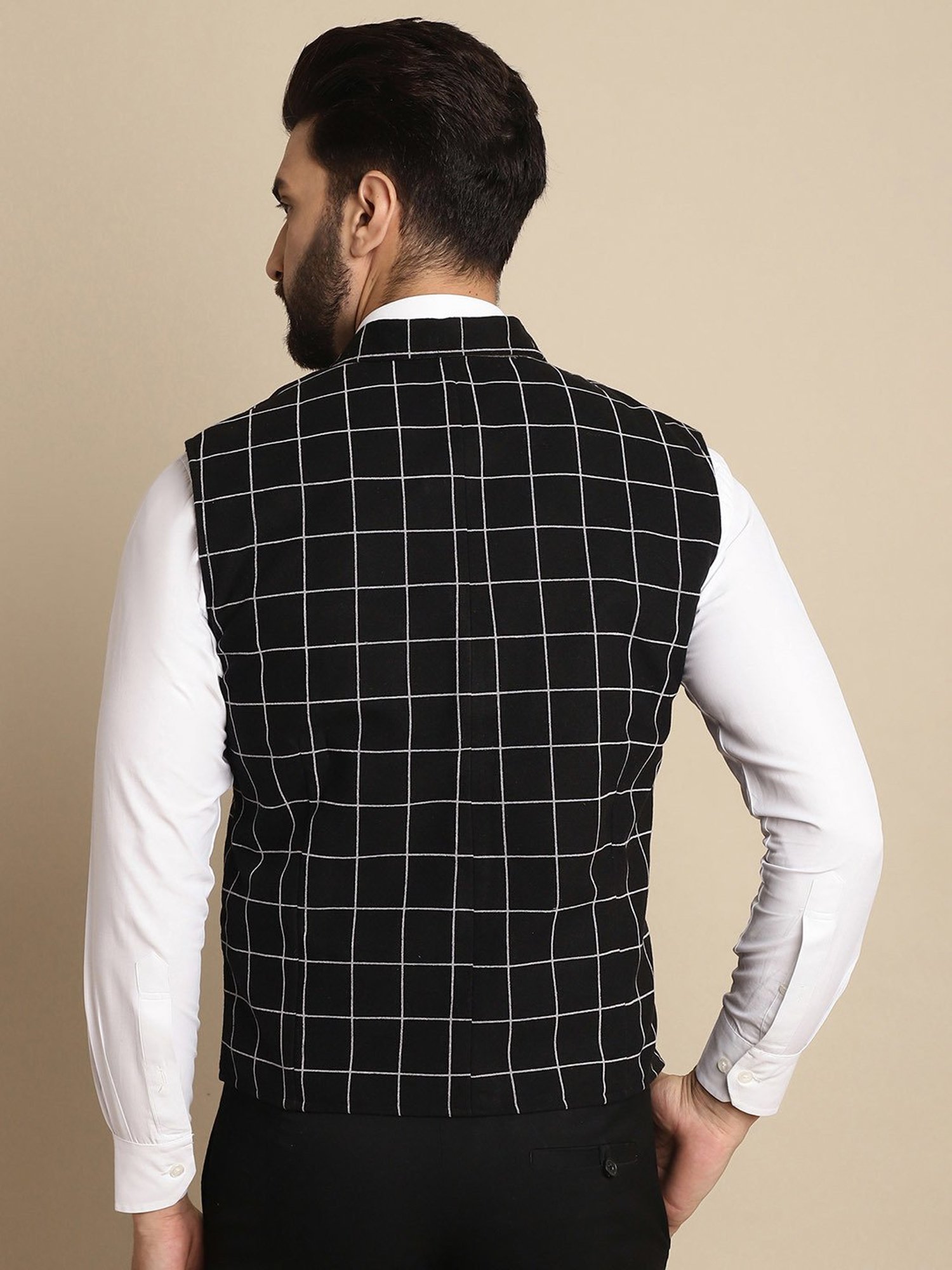 Even Black Regular Fit Notch Lapel Check Waistcoat