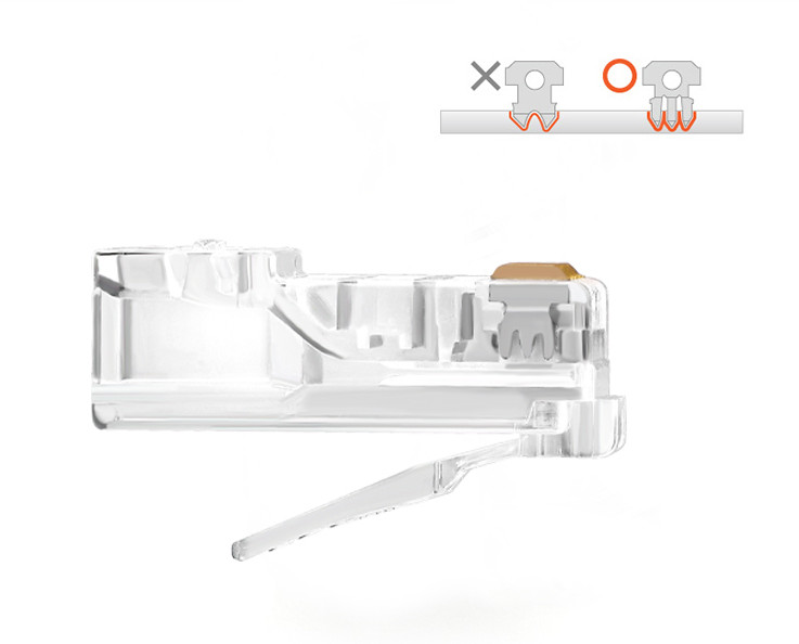 Stranded Network Cable Crystal Head  
RJ45 8P8C Modular Plug Cat5 Crimp Connectors for UTP,Cat5e with curved without broken leg